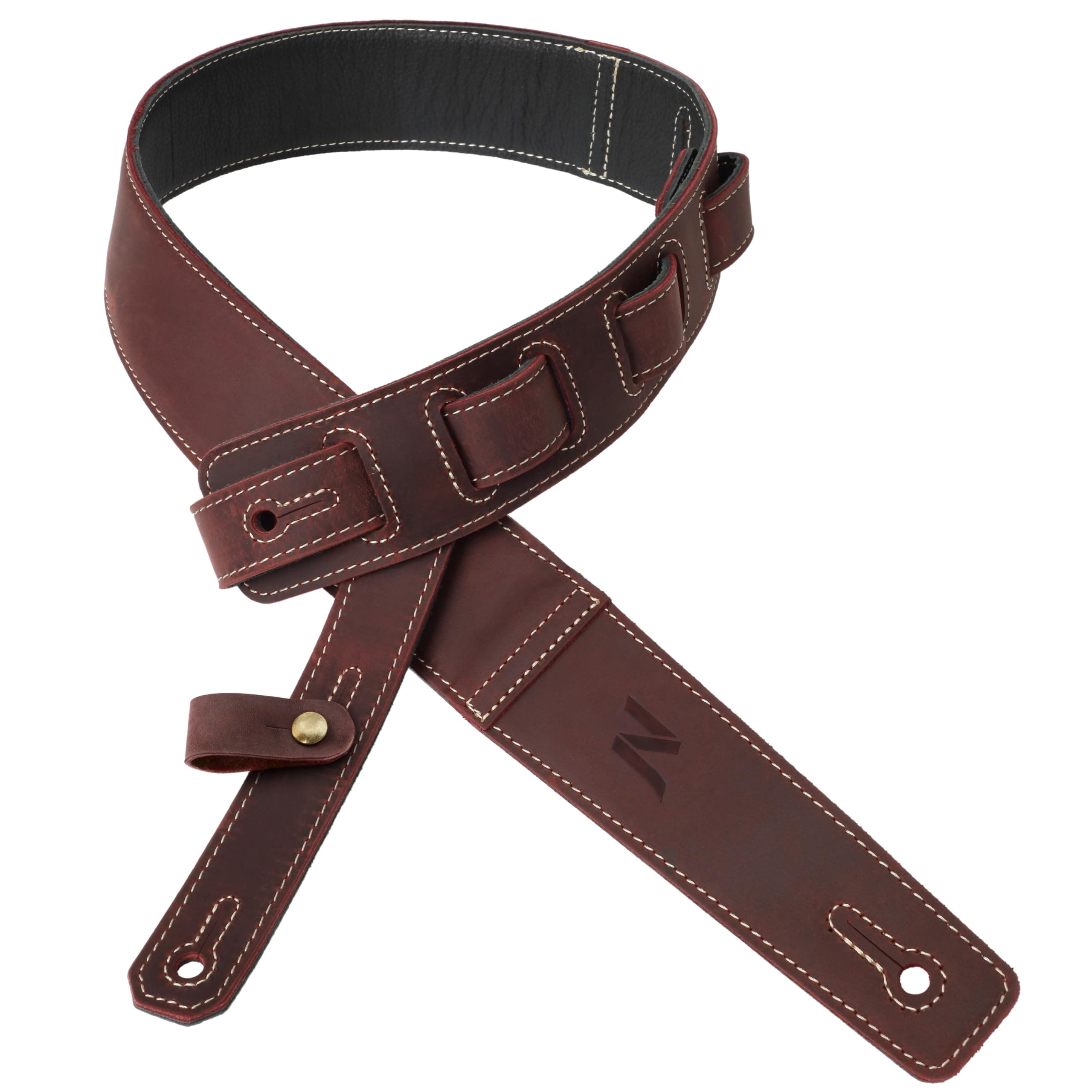 Vintage Burgundy Leather Guitar Strap with Foam Padding and Cable Storage Loops