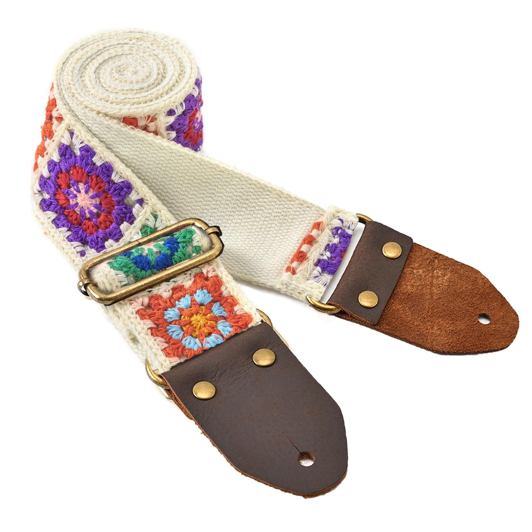 Crochet Flower Guitar Strap - Leather Ends, 2 Inch Wide, White