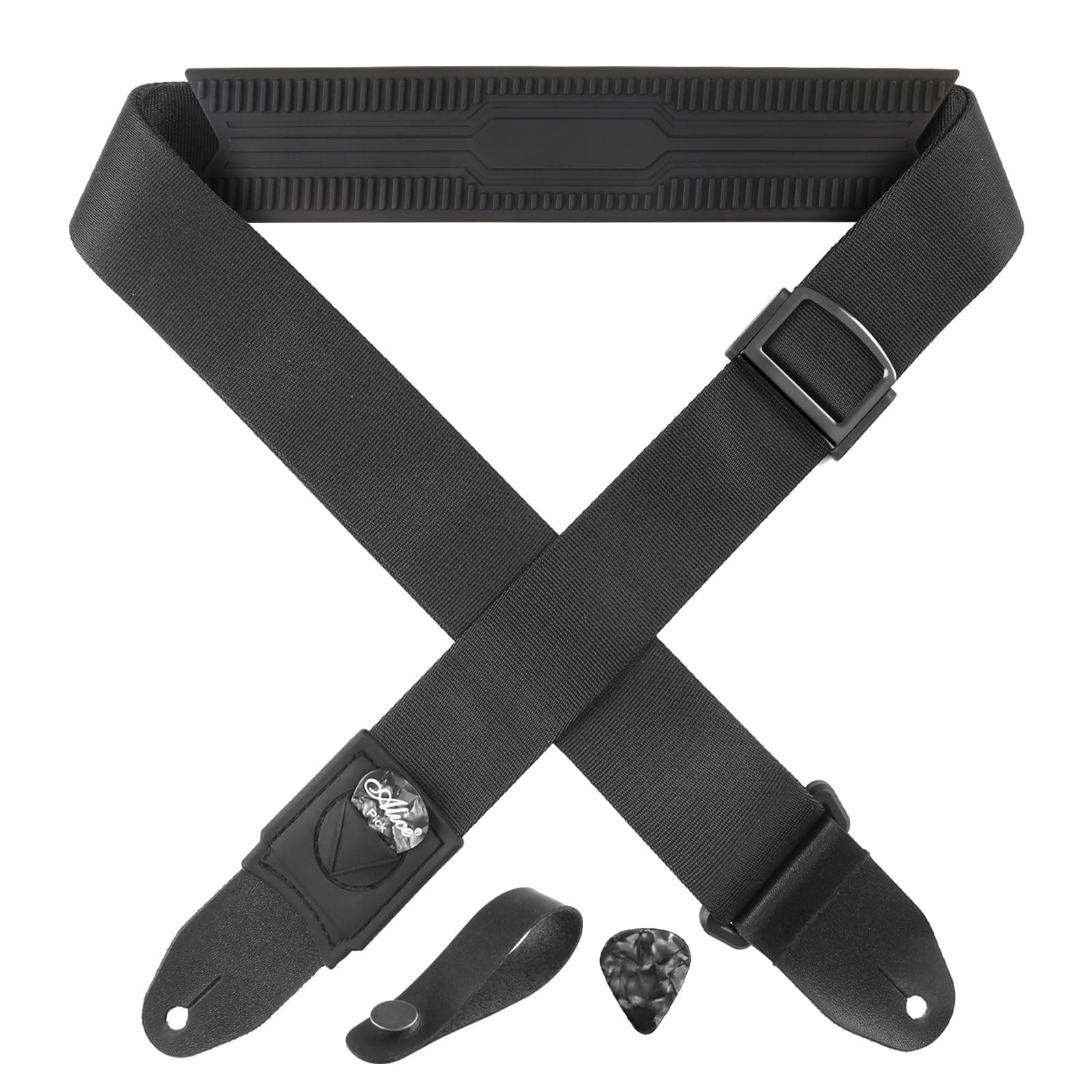 Non-Slip Silicone Padded Guitar Strap with Plectrum Slot and Metal Buckle for Bass, Electric & Acoustic Guitars