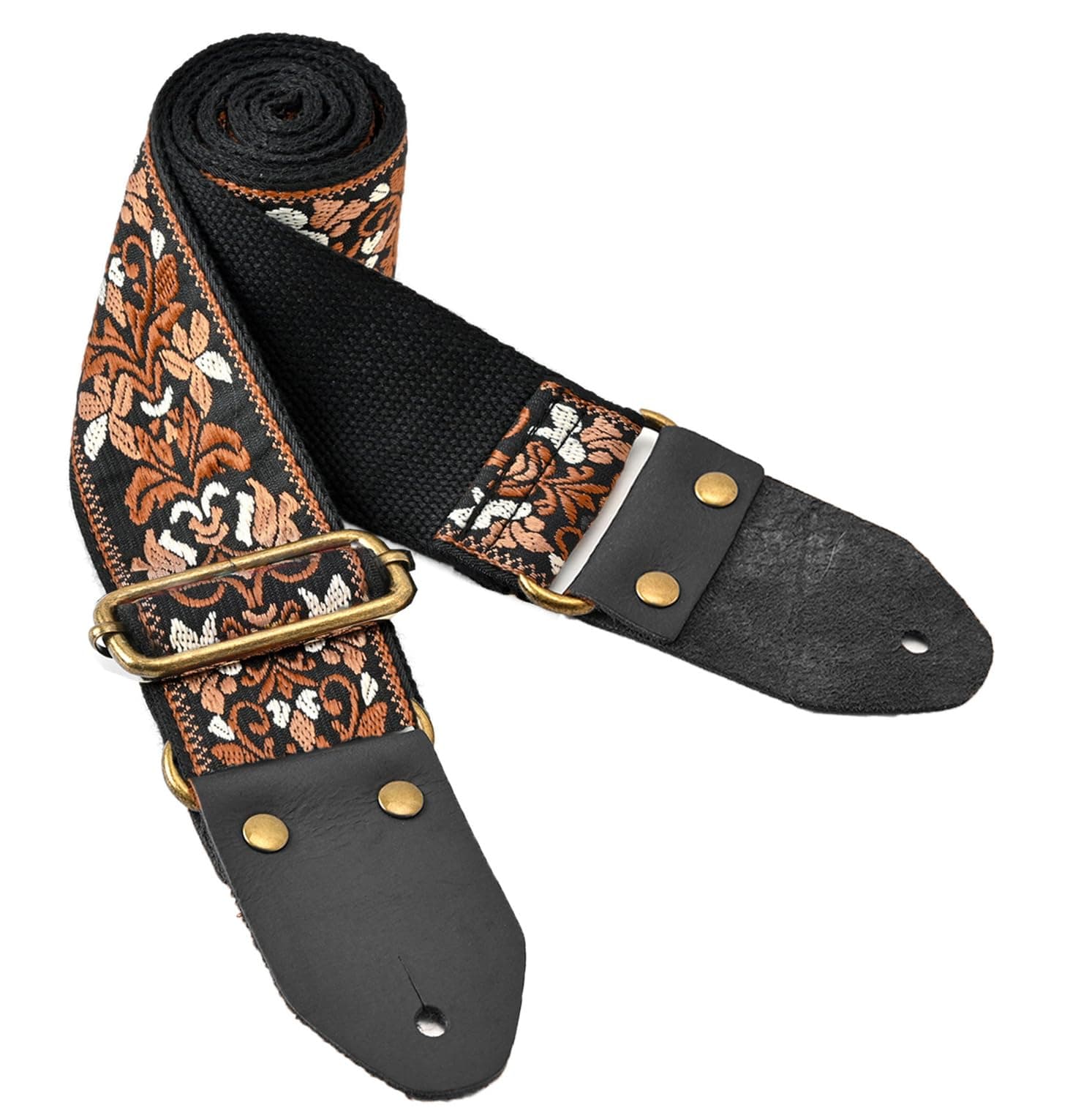 Vintage Embroidery Cotton Guitar Strap with Leather Ends