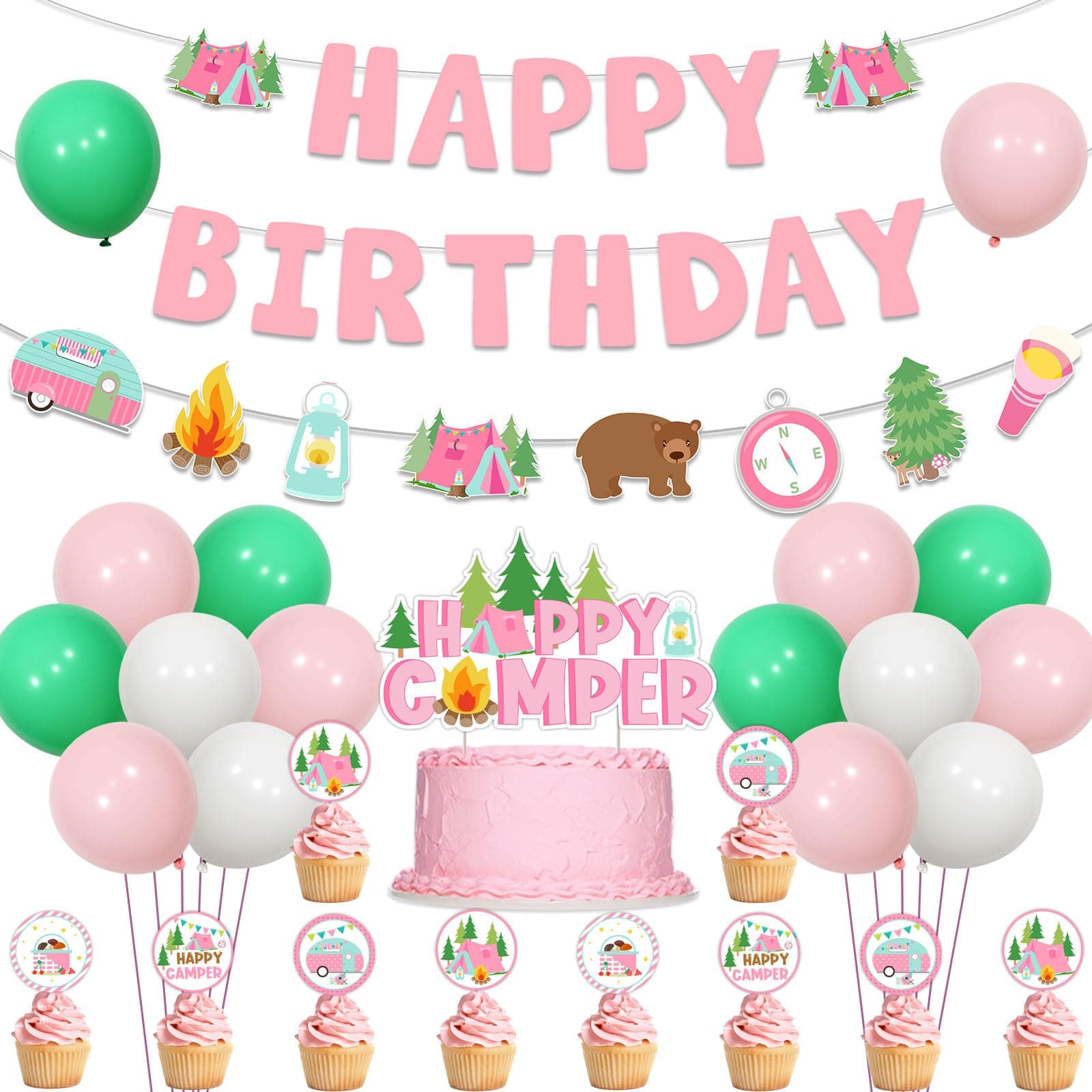 Kreatwow Pink Camper Themed Happy Birthday Banner Garland for Girls Camp Adventure Party