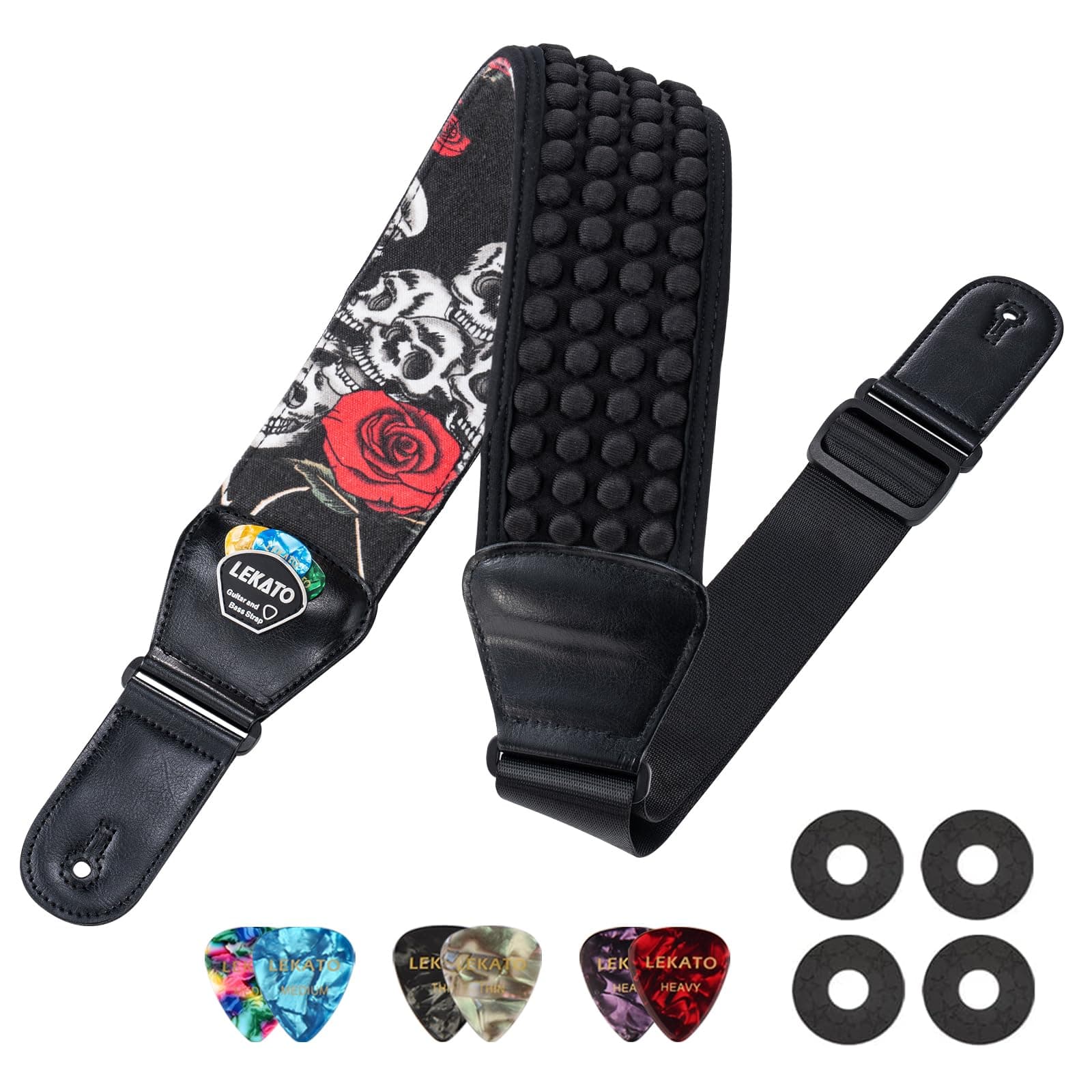 LEKATO Electric Guitar Bass Strap, 3" Wide Padded Neoprene with 3D Sponge Filling, Adjustable 45-55", Includes Picks, Ro