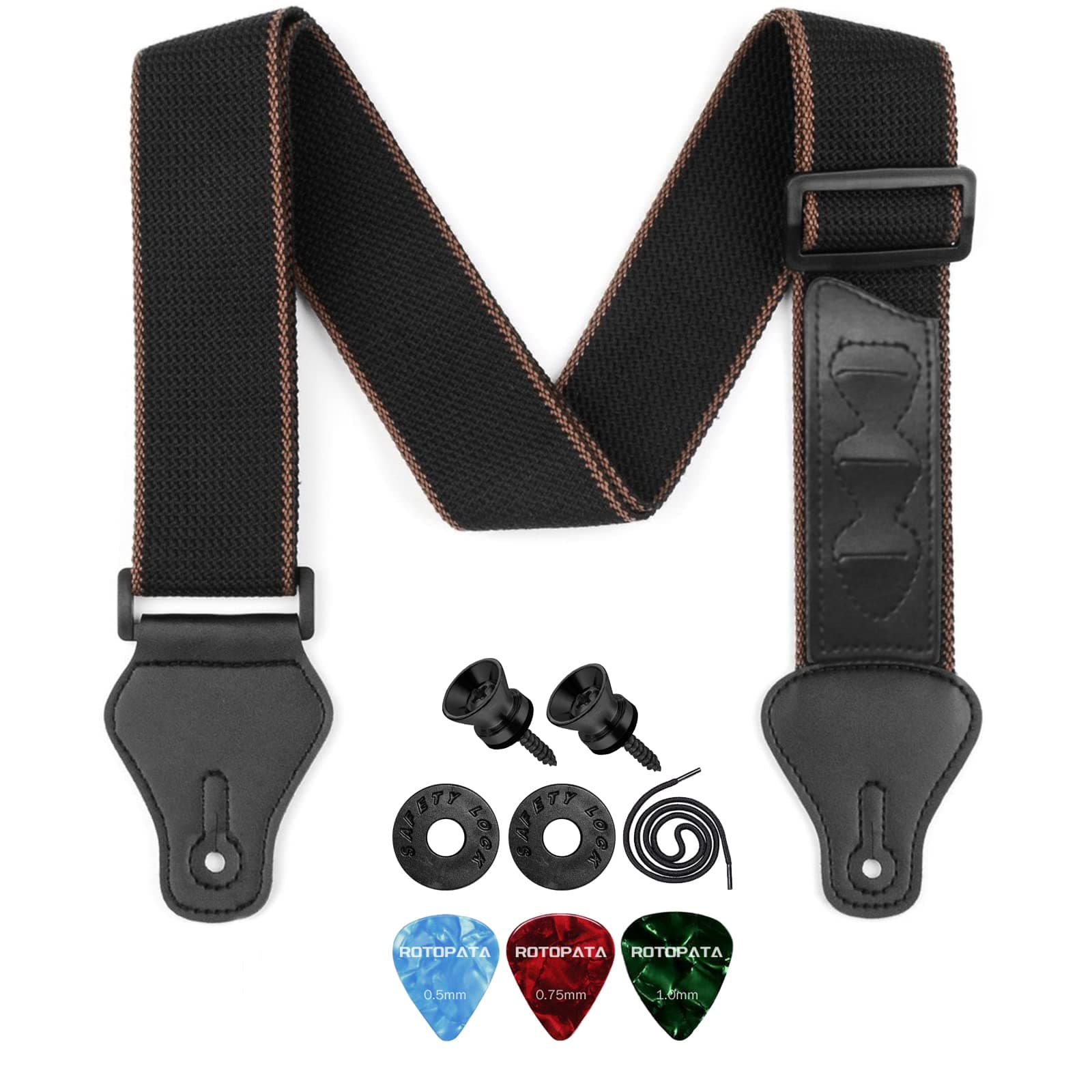 ROTOPATA Black Acoustic Guitar Strap with PU Ends 2 Buttons 2 Locks 3 Picks