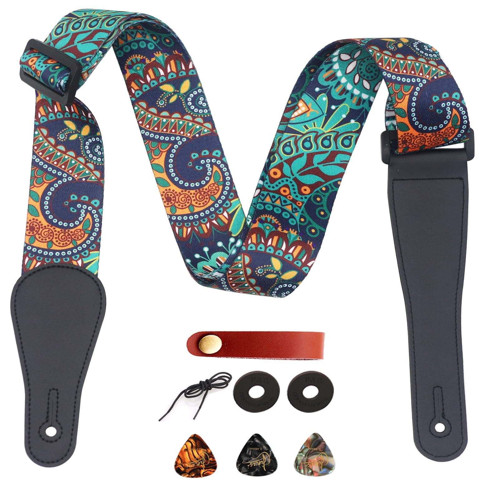 RAUYIVANY Leather Ends Guitar Strap, Adjustable Length, 2 Locks, 2 Buttons, 3 Picks, Gifts for Guitarists