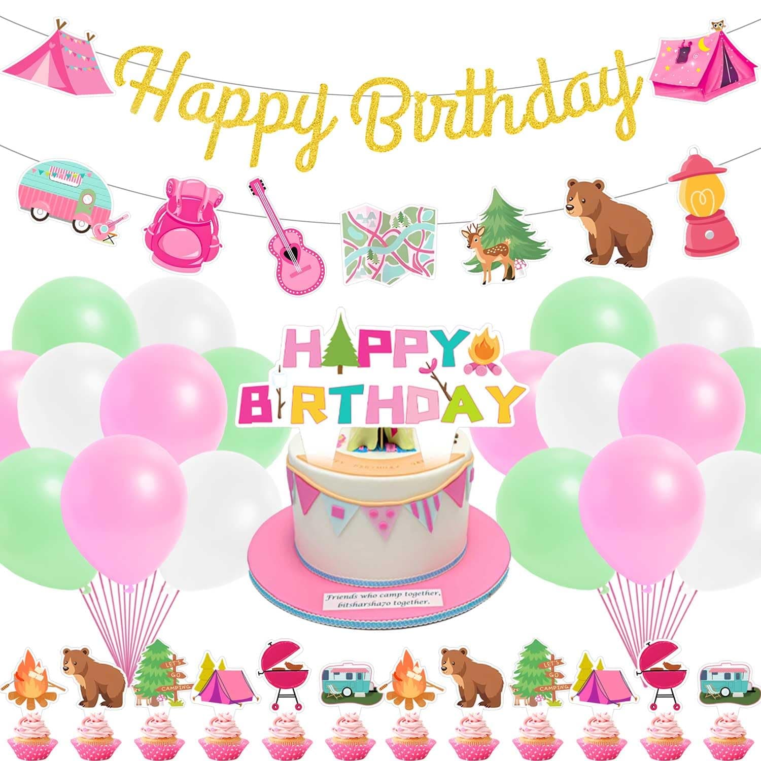 Pink Camping Birthday Banner for Girls - Happy Camper Adventure Supplies