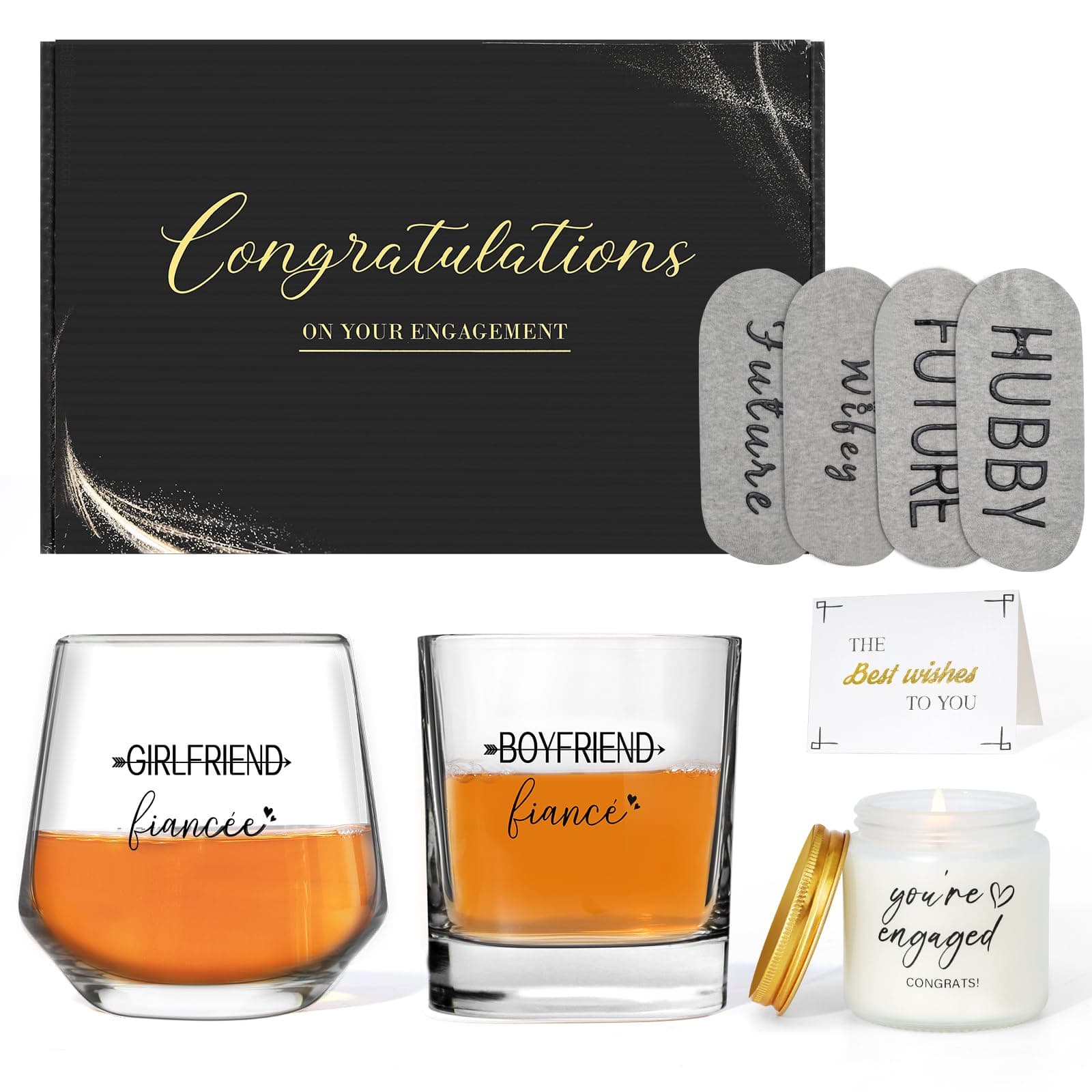 Engagement Gifts for Couples - Wine and Whiskey Glass Set, Socks, Candle, Greeting Card
