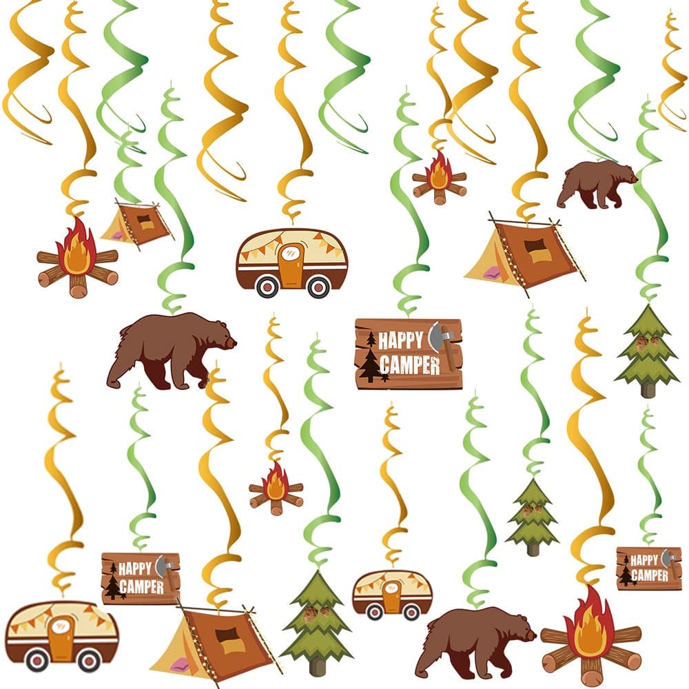 Happy Camper Party Hanging Swirls Decor, Adventure Bears Sign for Kids