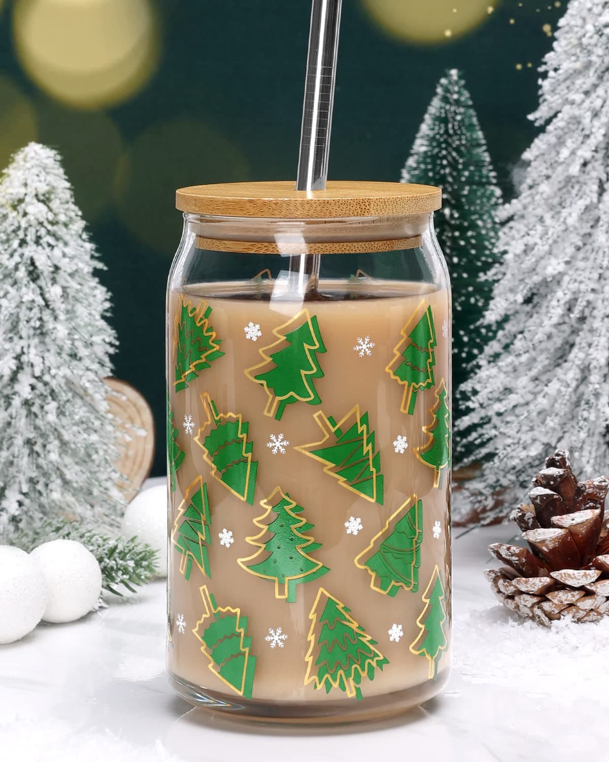 Christmas Cup with Bamboo Lid and Metal Straw 16oz Beer Can Glass - Holiday Party Gifts for Office, Women, Kids, Men