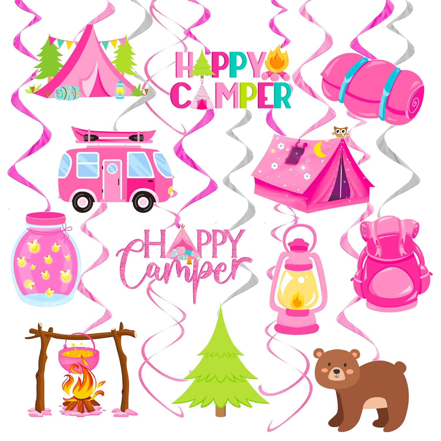 Camping Birthday Party Hanging Swirls - 20PCS Girls Camp Ceiling Streamer