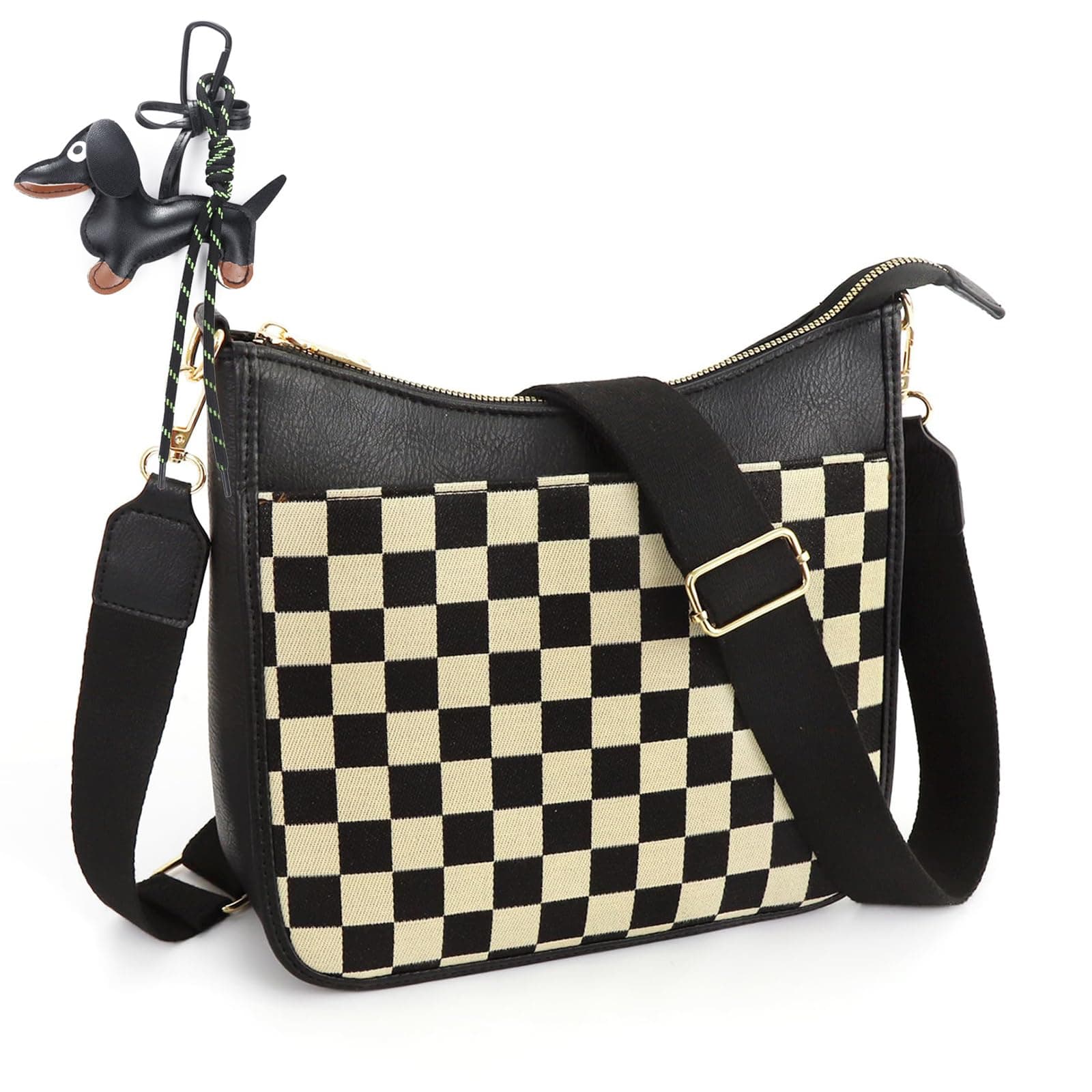 Sunbuti Women's Checkered Quilted Seam Vegan Leather Shoulder Bag with Embroilled Strap