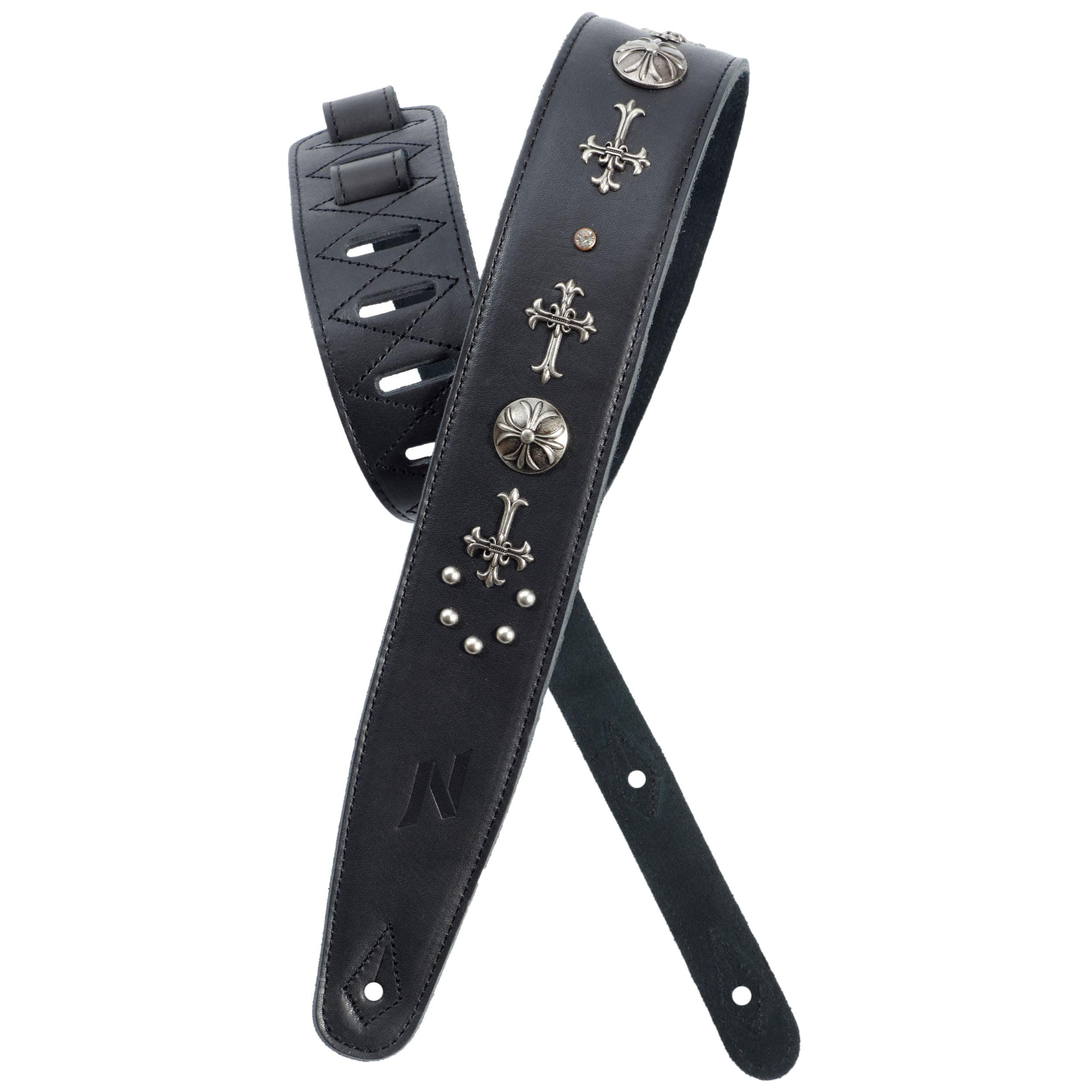 Nefelibata Leather Guitar Strap with Foam Padding and Cross Silver Rivets