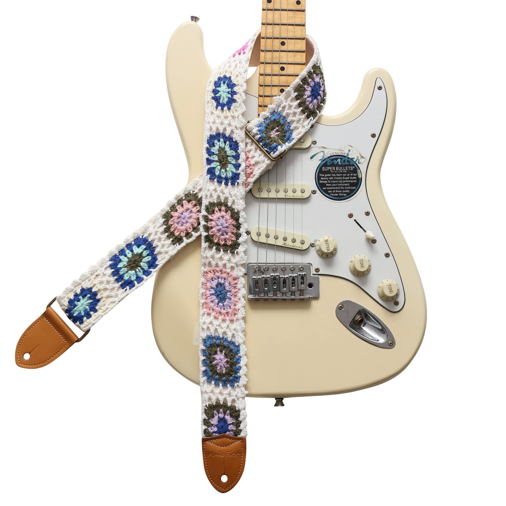MUSIC FIRST Vintage Style Hand-Made Crochet Flowers Electric Guitar & Bass Strap, 2 Inch Width