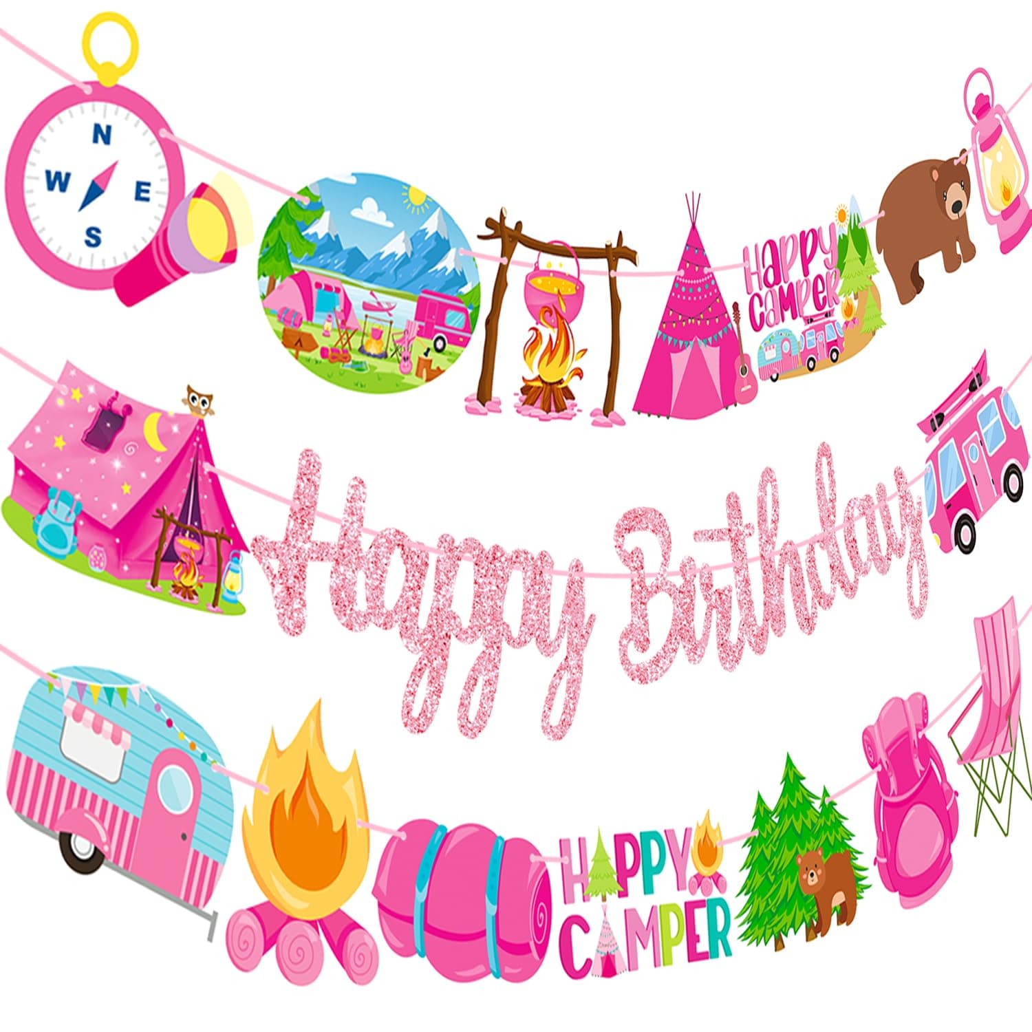 Happy Camper Girls Birthday Party Banners - 2PCS Camping Decorations