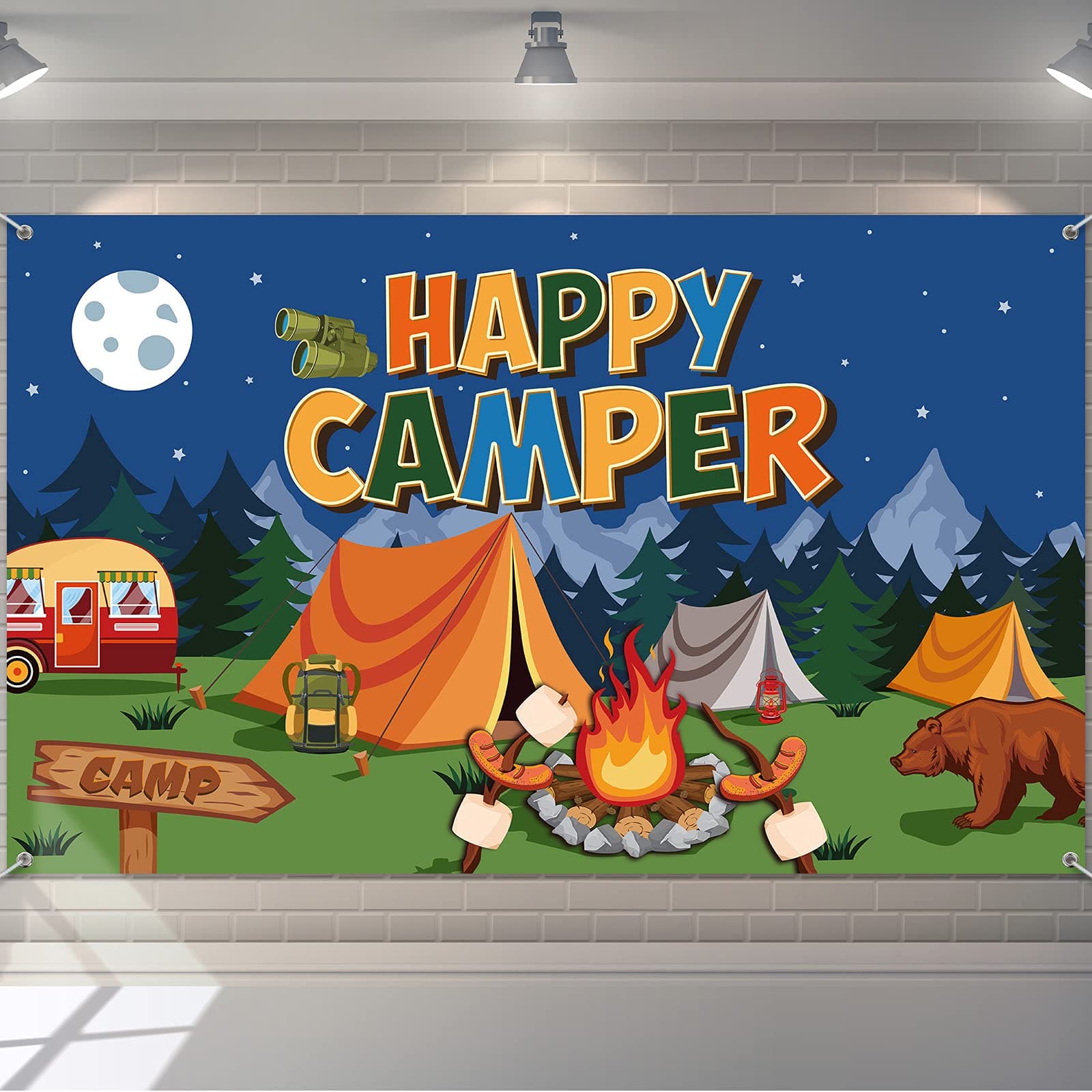 Camping Themed Party Decorations Happy Camper Banner 70.8x43.3 Inch