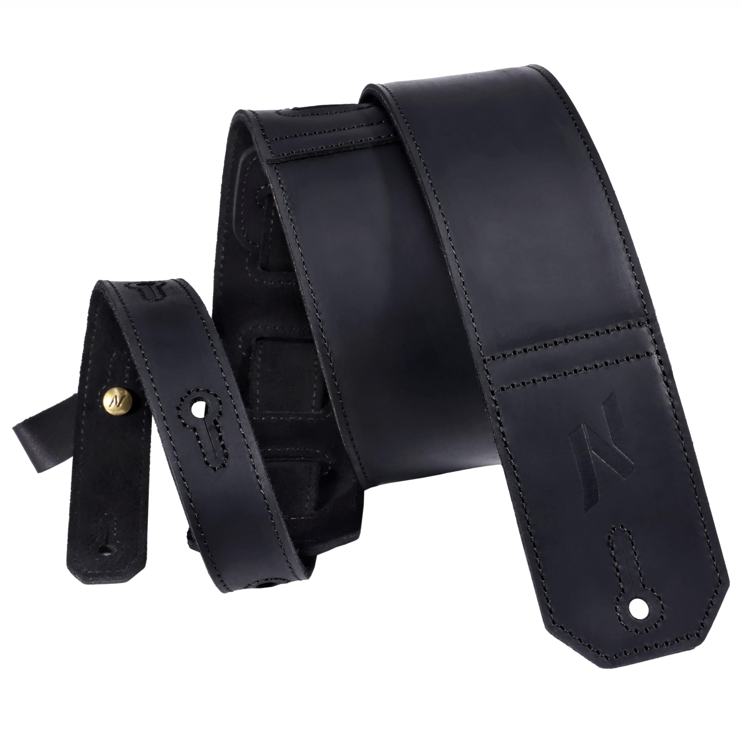 Guitar Strap for Bass, Electric and Acoustic Guitars - Wide Leather Strap (Black)