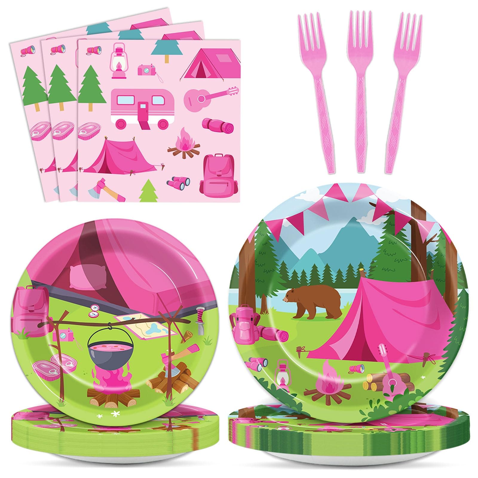 Pink Camping Party Supplies for 24 Guests - 96Pcs
