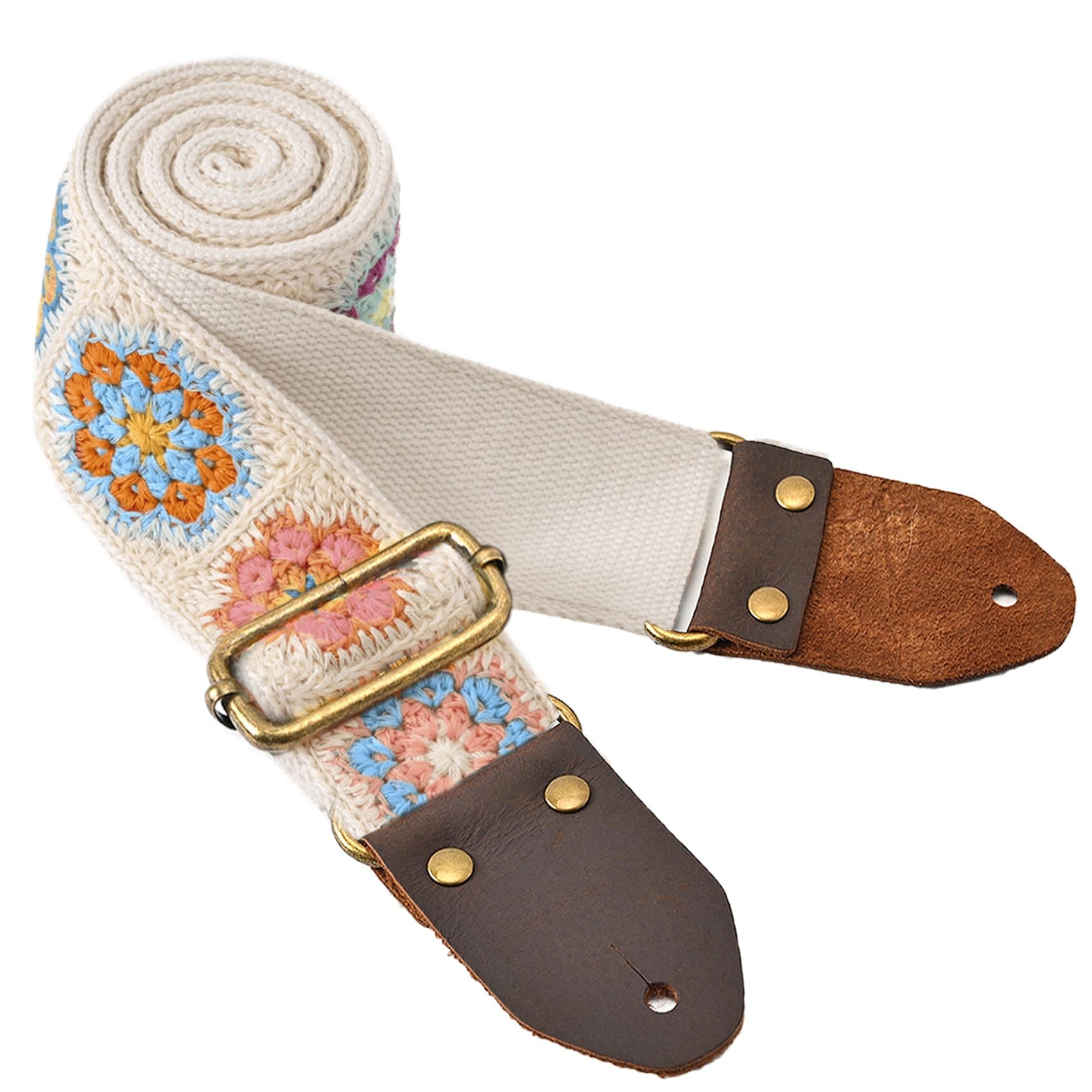 Beige Crochet Flower Guitar Strap for Acoustic, Bass, Electric (2" Wide)