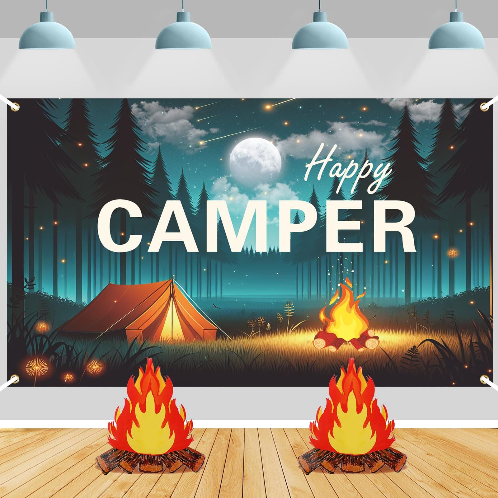 3Pcs Camping-Themed Party Decorations: Happy Camper Banner & Fake Campfire Centerpiece