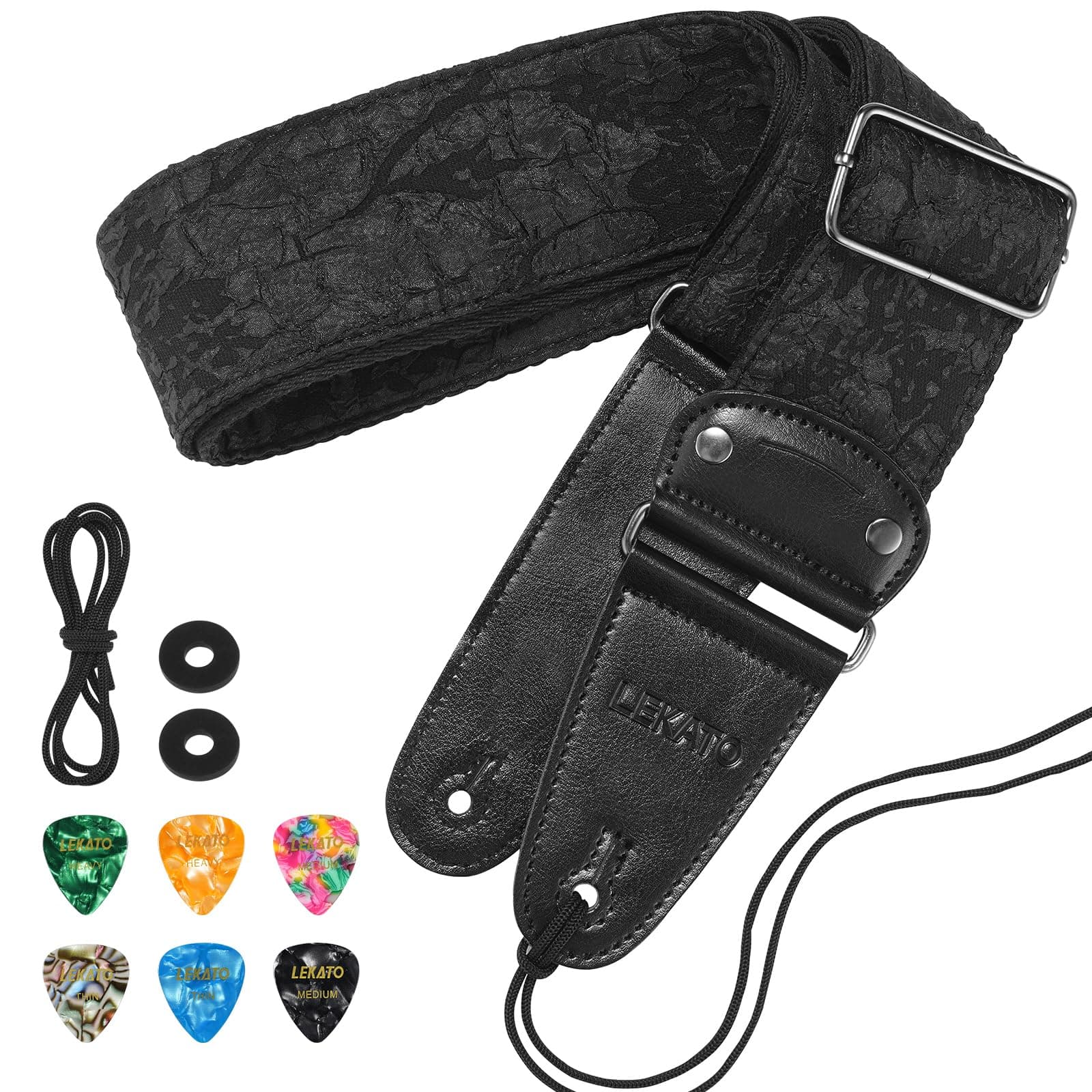 LEKATO Anaglyph Embossed Floral Pattern Guitar Straps, Black 2.5" Wide