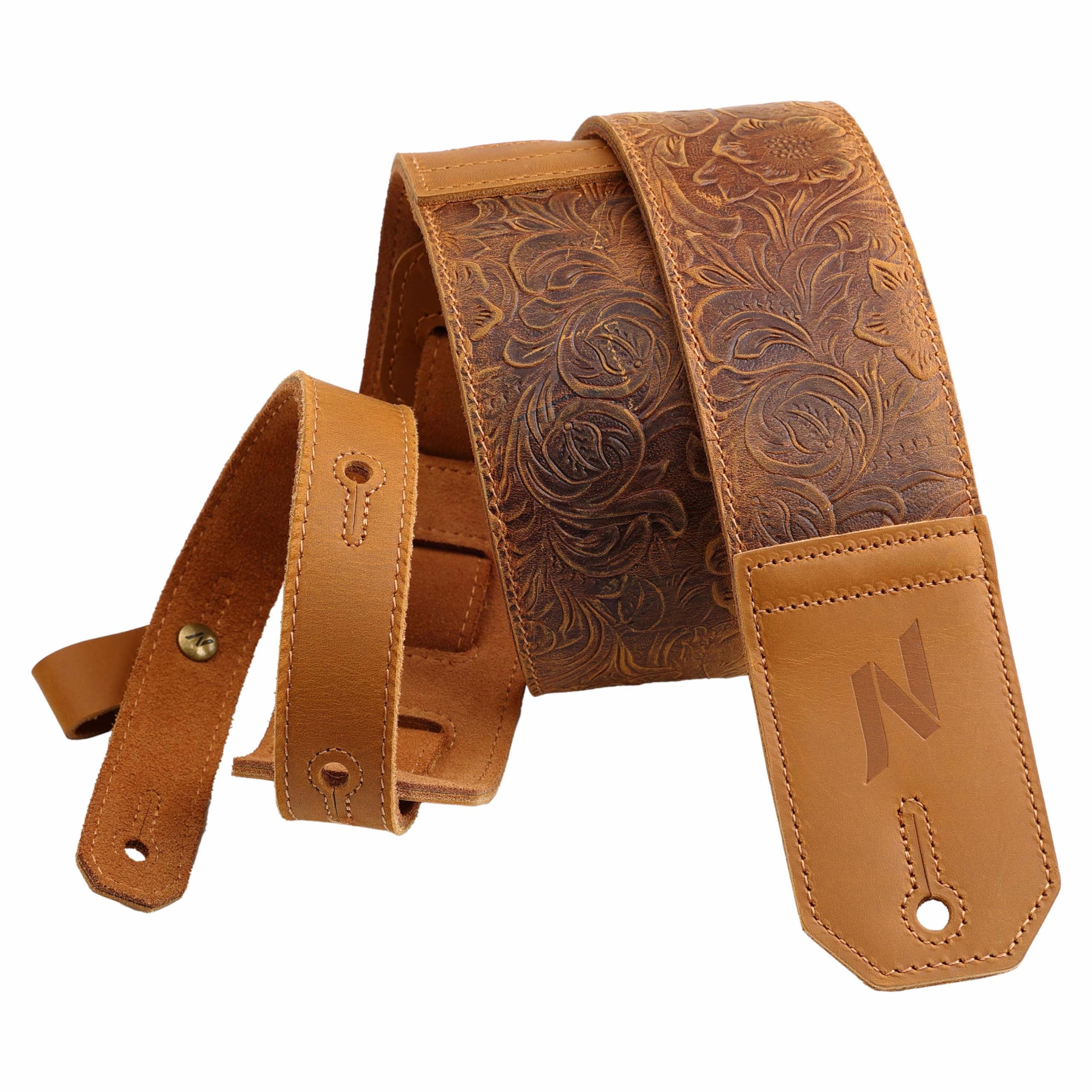 Nefelibata Full-Grain Leather Guitar Strap, 2.3" Wide, Soft Padded (Sahara Yellow Embossed)