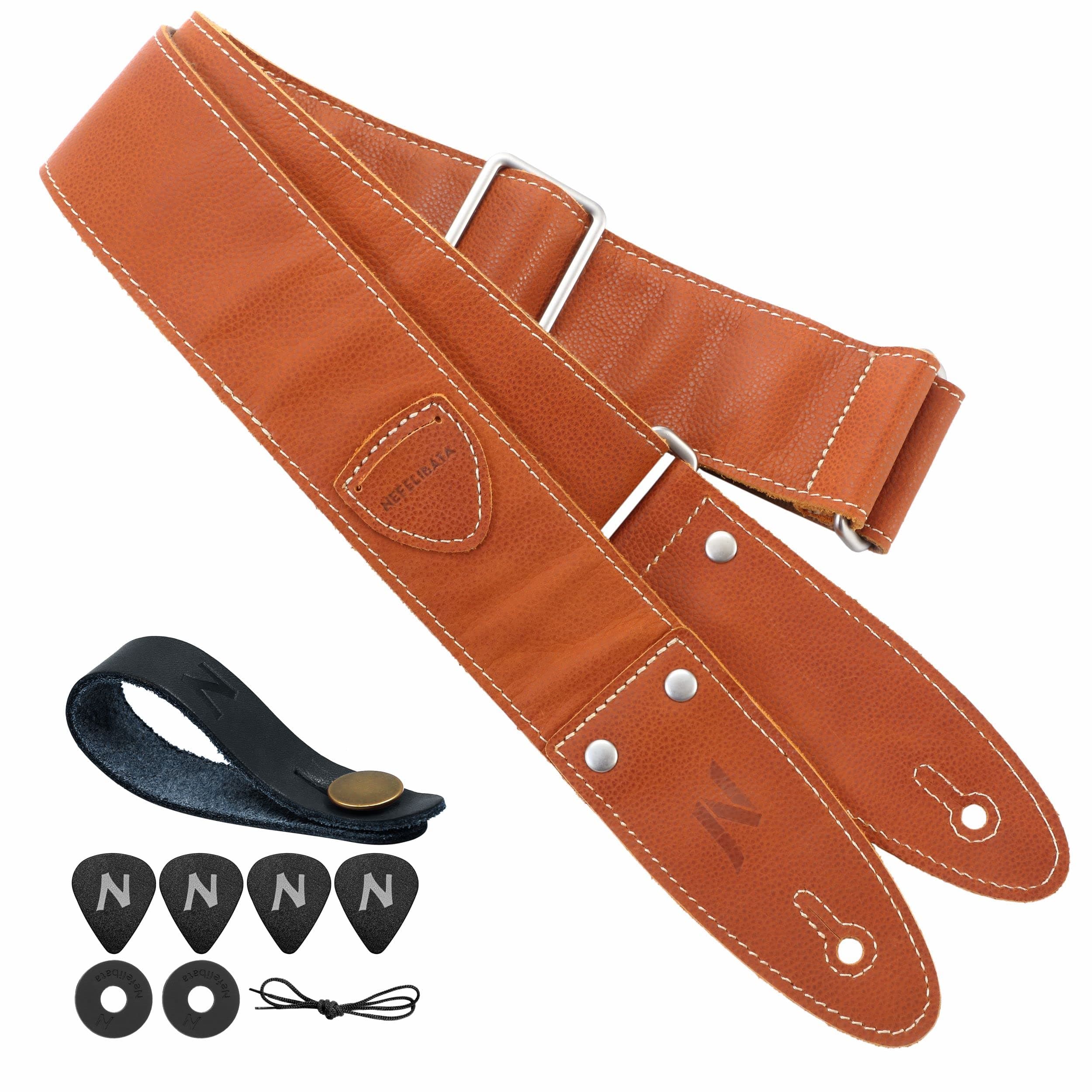 Nefelibata Guitar Strap: 2 Leather for Bass, Electric & Acoustic Guitar, Includes Picks and Accessories