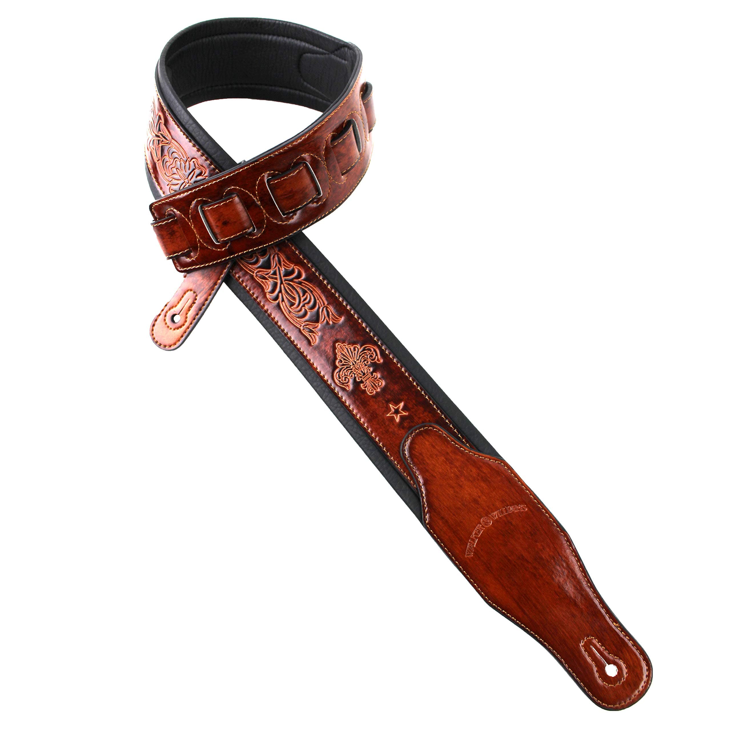 Walker And Williams Bourbon Brown Padded Guitar Strap with Fleur De Lis Design
