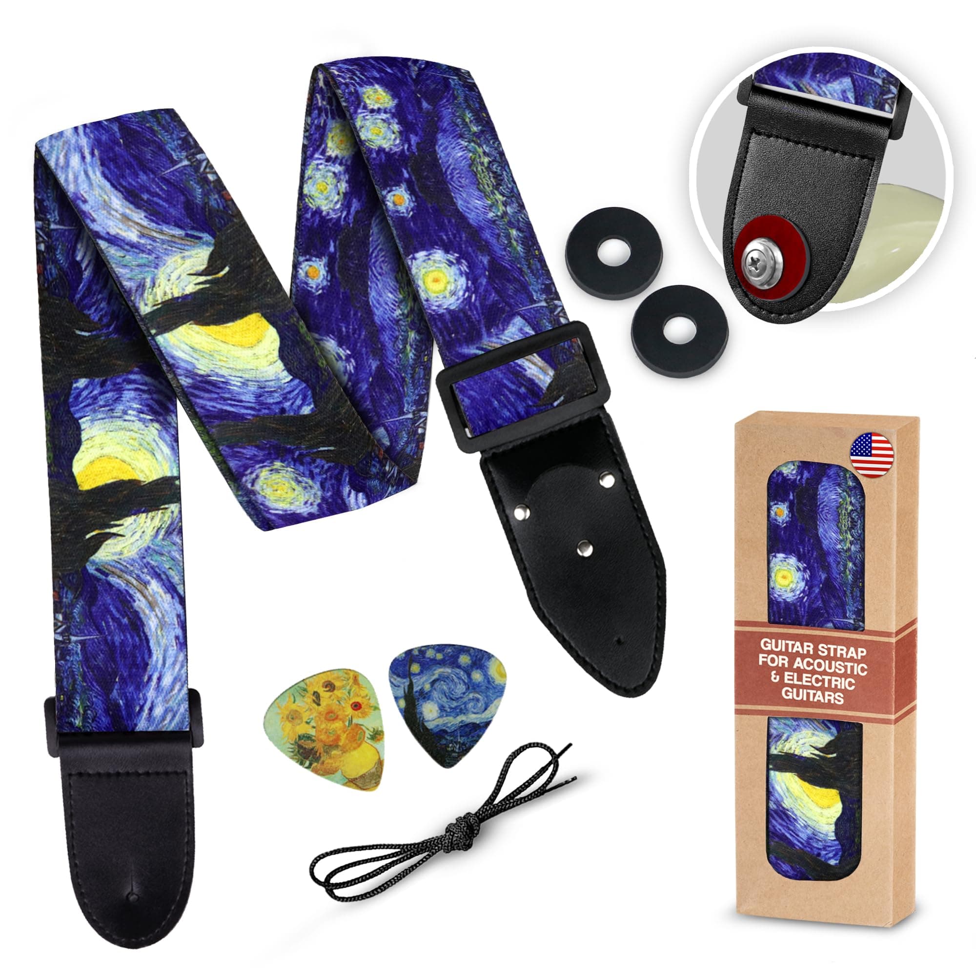 Van Gogh "Starry Night" Guitar Strap for Bass & Guitars - Adjustible Pick Set -Ideal Christmas Gift