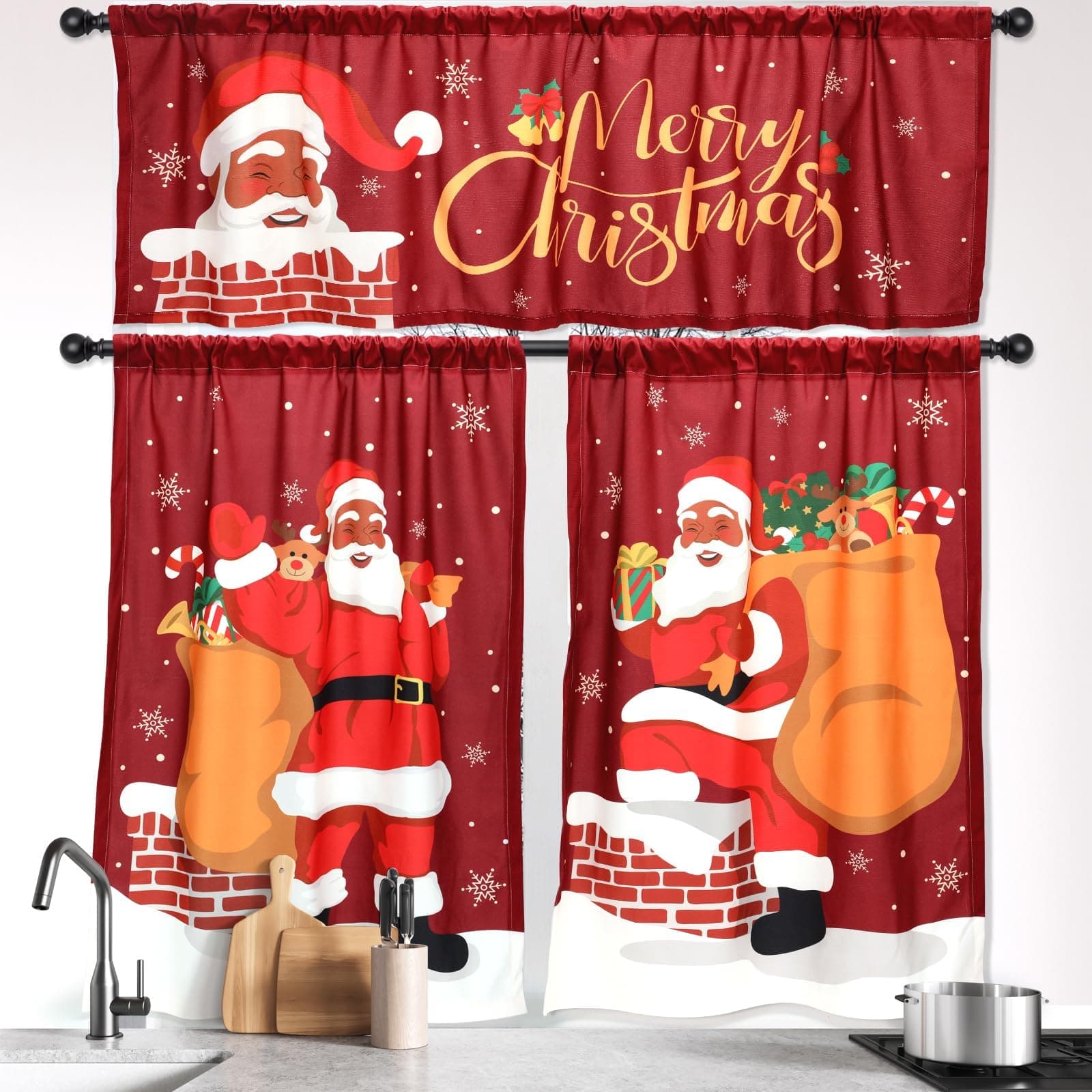 Nefelibata Black Santa Christmas Kitchen Curtains for African American Decor – Set of 2 Panels and 1 Tier Valance