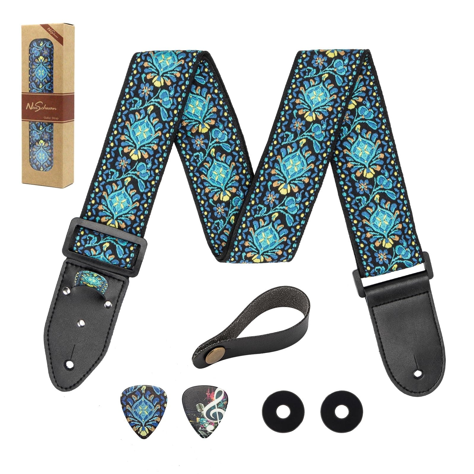 Genuine Leather Electric/Acoustic Guitar Bass Strap, Blue, with Pick Holder & Locks