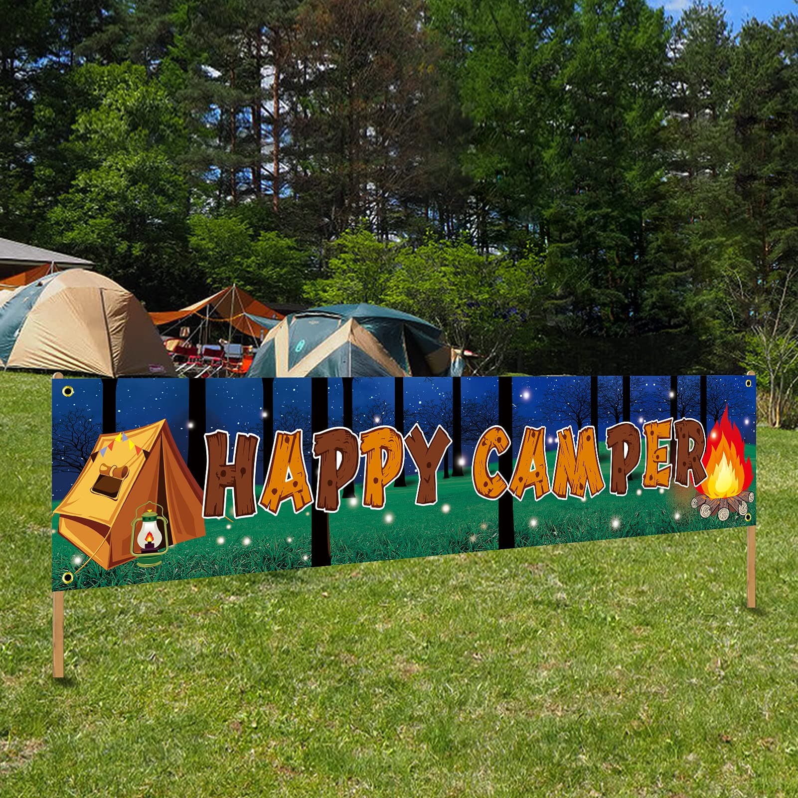 Happy Camper Banner for Camping Theme Parties Indoors Outdoors