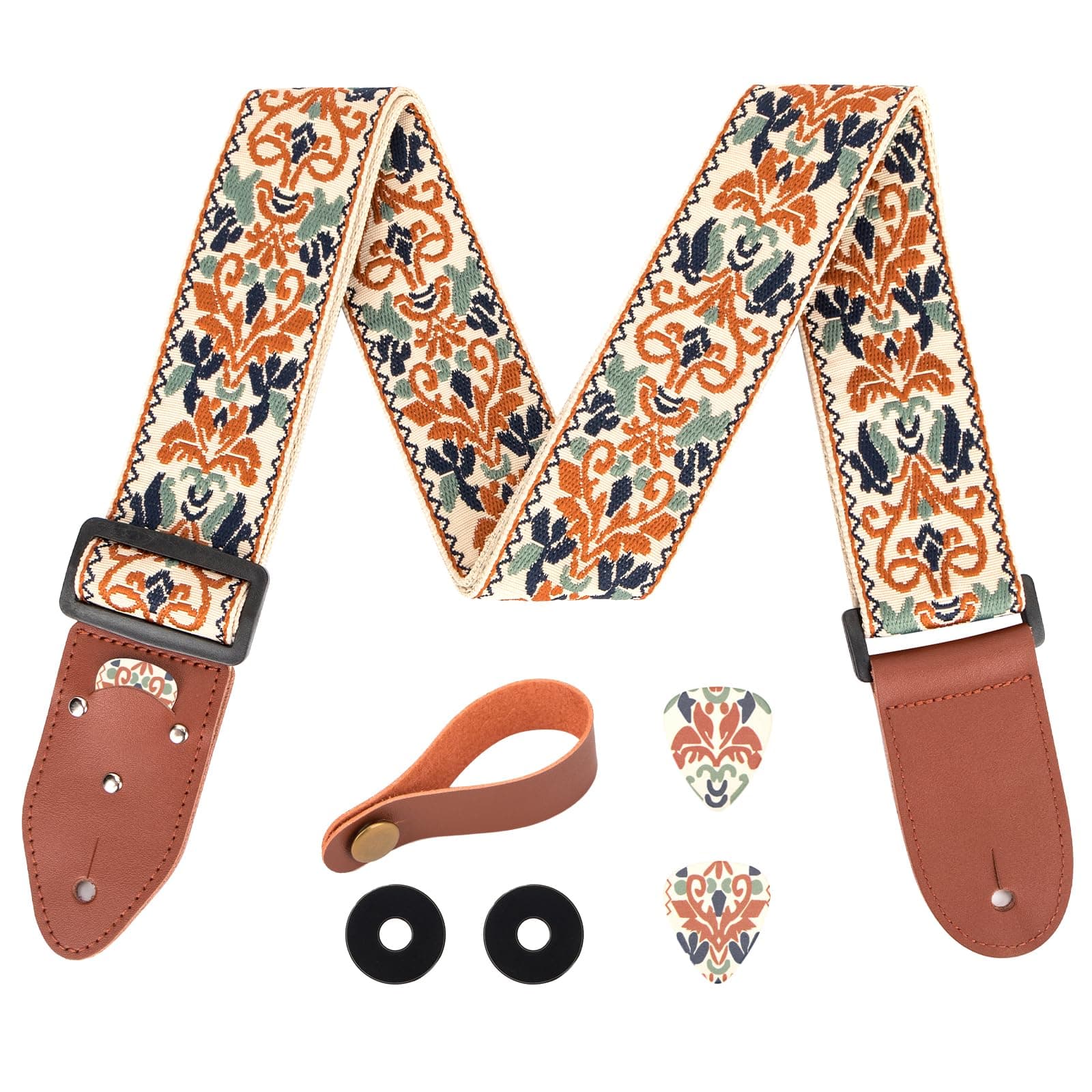 Jacquard Embroidered Cotton Guitar Strap with Pick & Locks for Bass, Electric & Acoustic Guitars