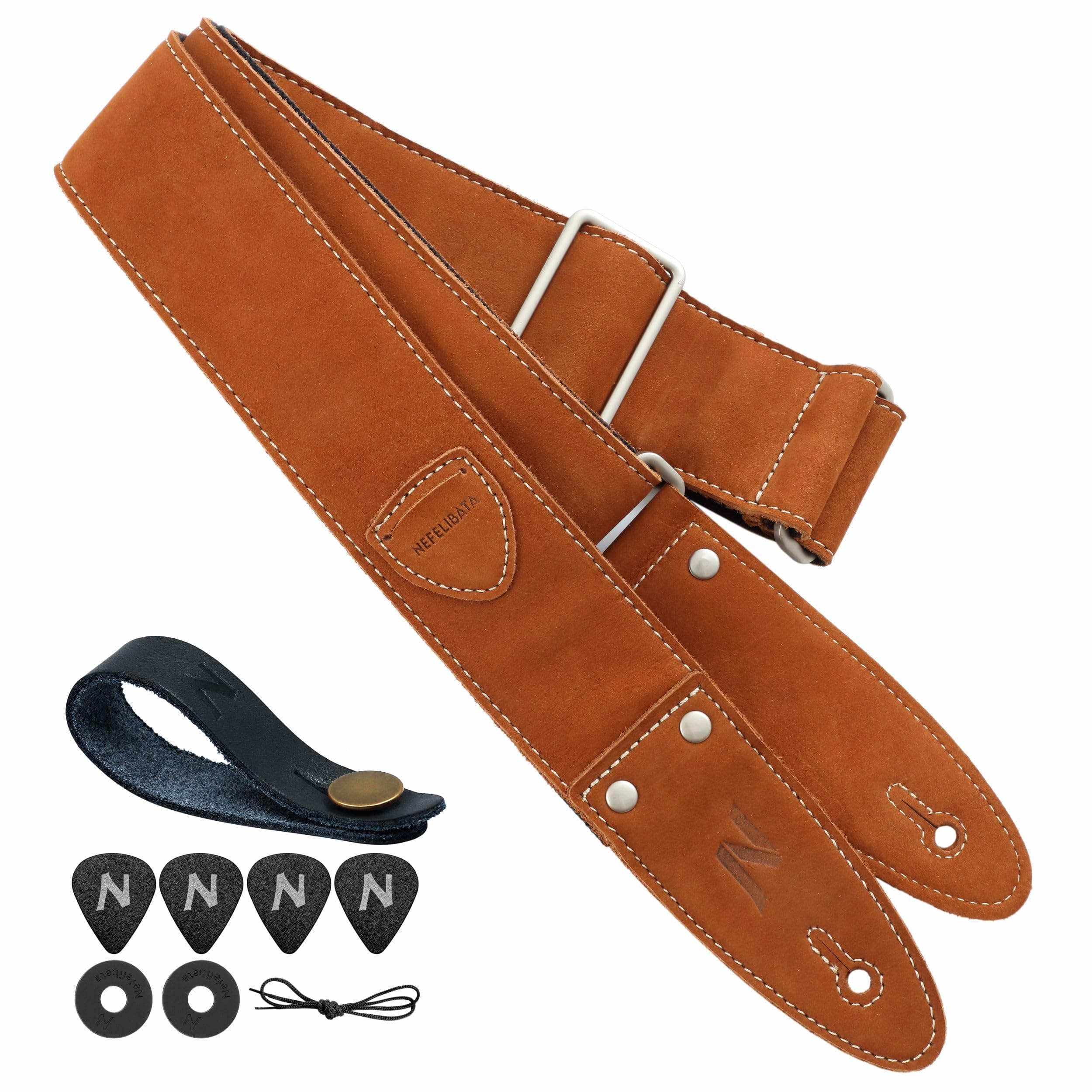 Nefelibata Guitar Strap: Full Grain Leather, 2 Width, with Pick Pocket - for Bass, Electric & Acoustic Guitar (Coffee Brown)