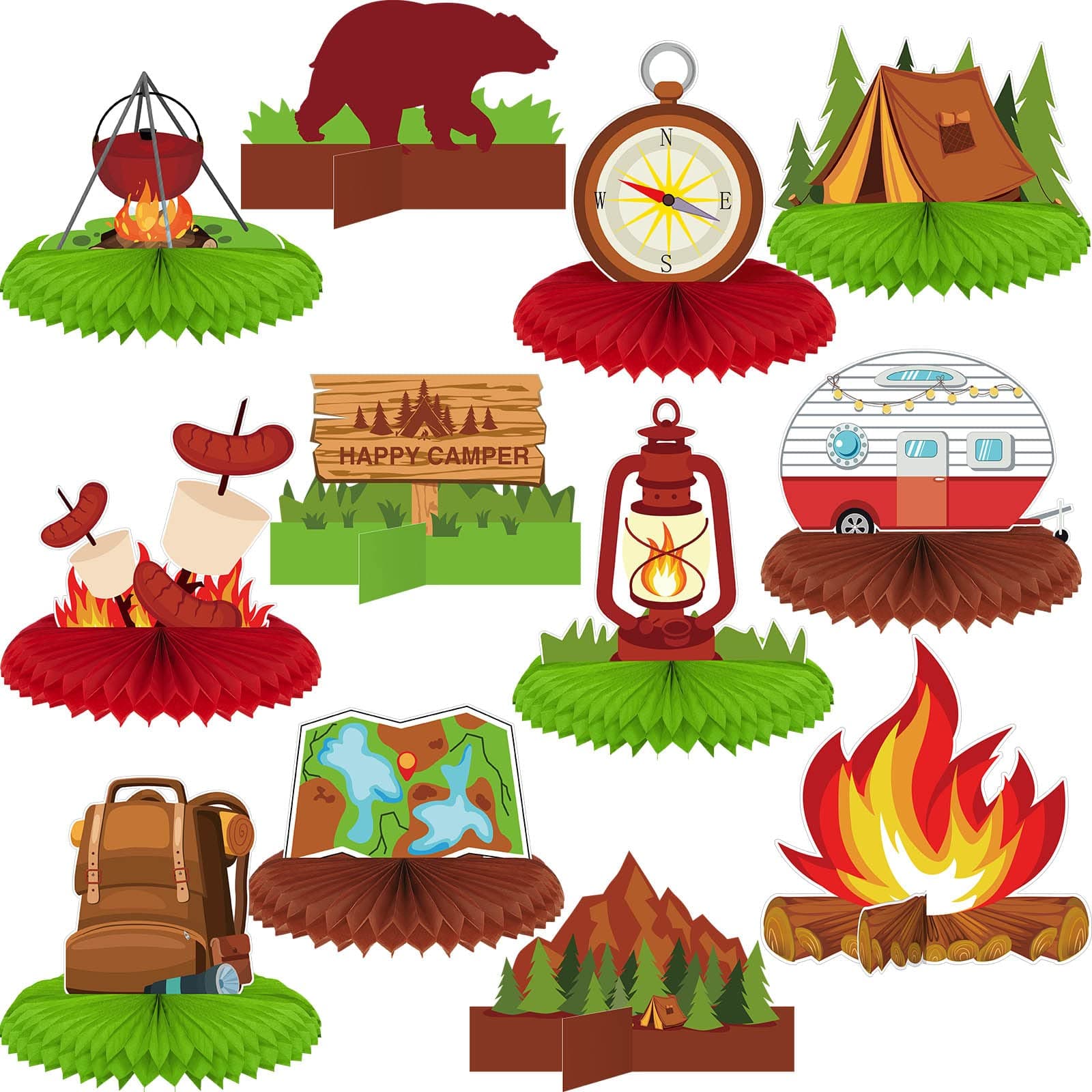 Camping Party Decorations Honeycomb Centerpieces Bears Tent Cake Toppers