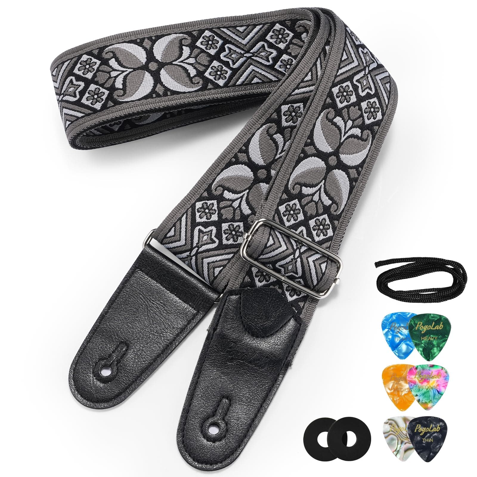 Adjustable Bass Guitar Strap with Jacquard Embroidery for Bassists, Fits Most Bass Guitars, Adjustable Locking Buckles & Picks Included
| High-Quality 2" Wide Jacquard Embroidery Cotton Bass Strap, Adjustable Leather Ends with Strap Locks & Picks, P