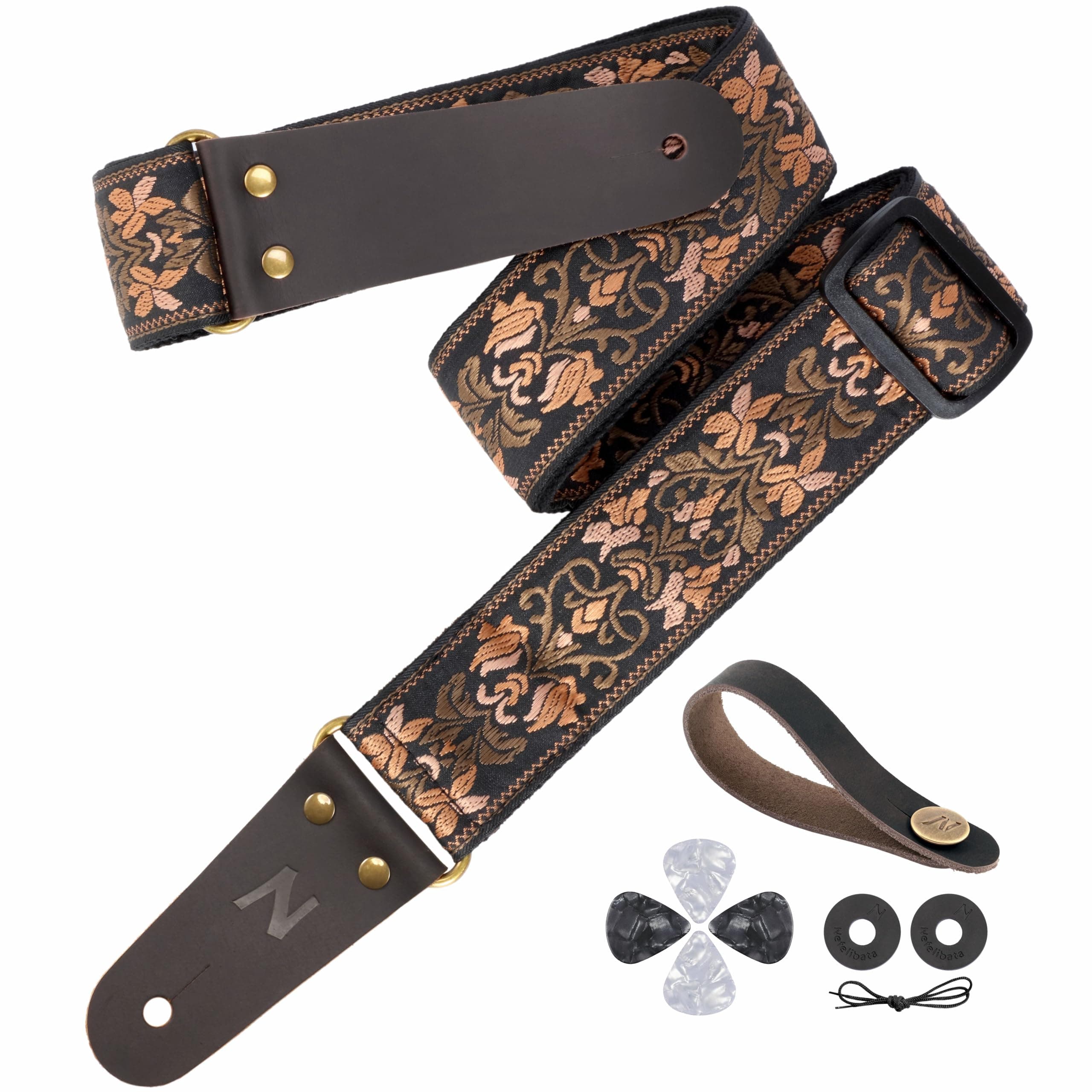 Nefelibata 2" Jacquard Embroidery Guitar Strap, Full Grain Leather Ends, Hidden Pocket, Bass, Electric & Acoustic Guitar