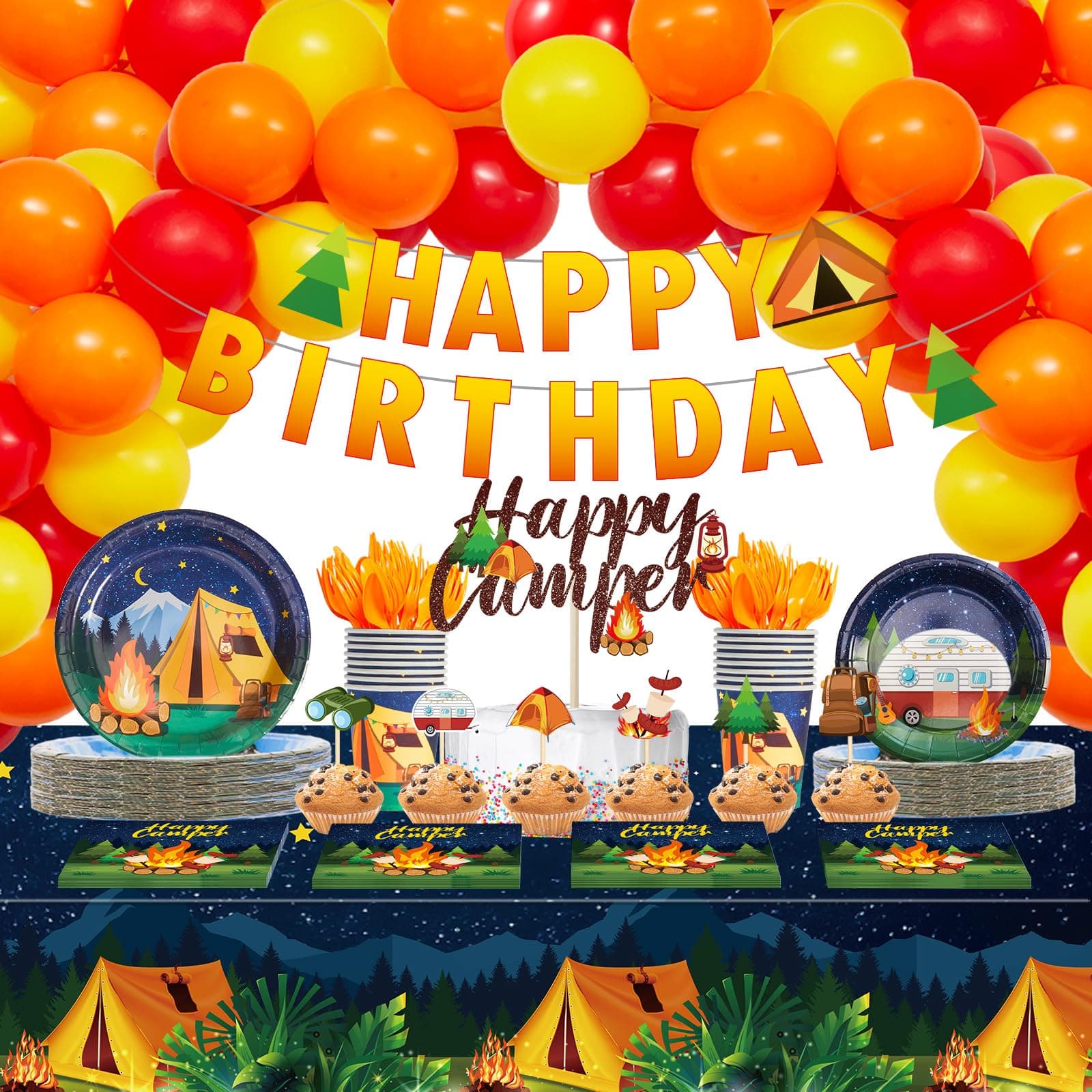 Camping Party Supplies: Paper Plates, Banner, Cupcake Toppers, Tablecloth, Centerpiece, Balloons