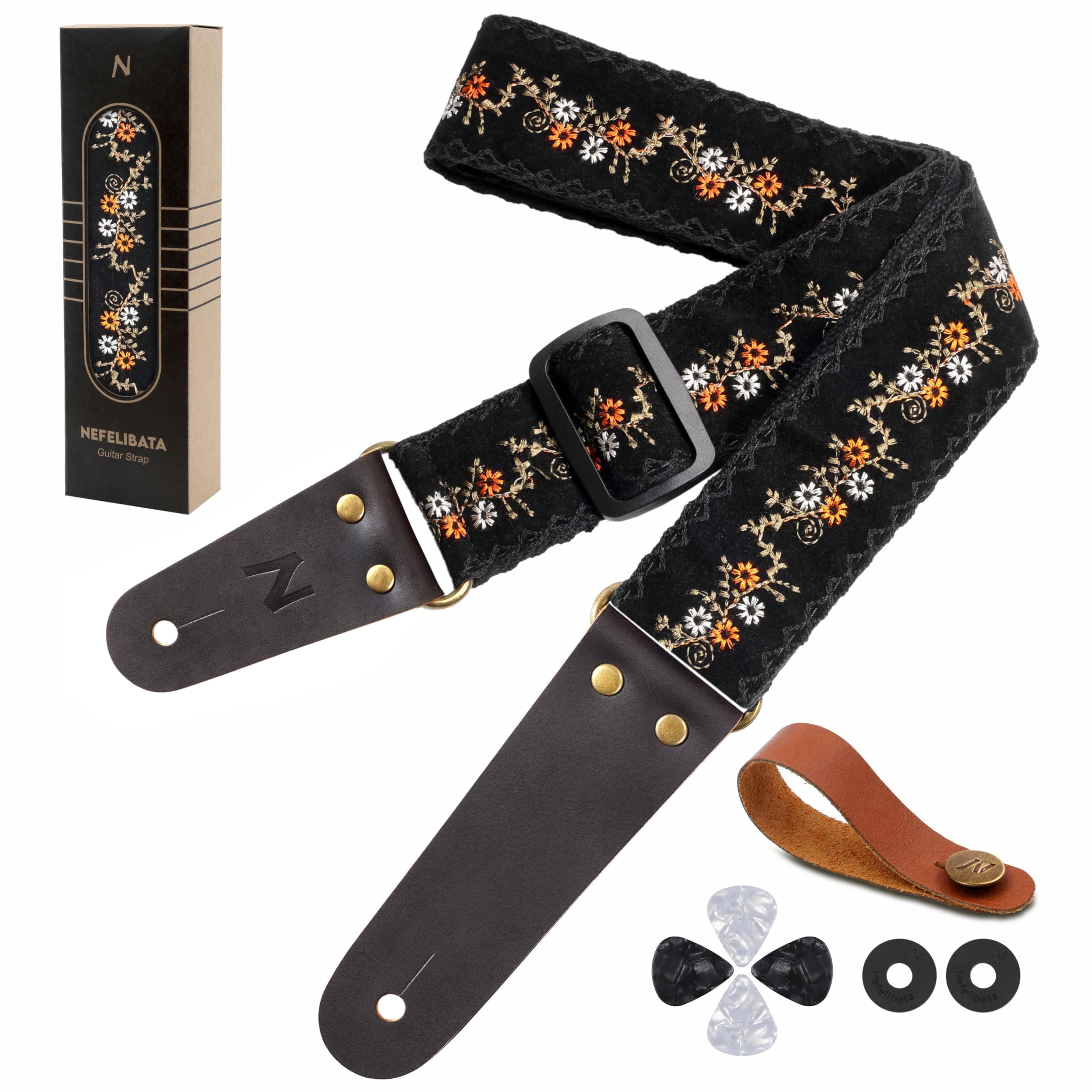 Nefelibata Flower Embroidery Guitar Strap, Cowhide Ends, Free Button & Locks, 1 Pair Picks