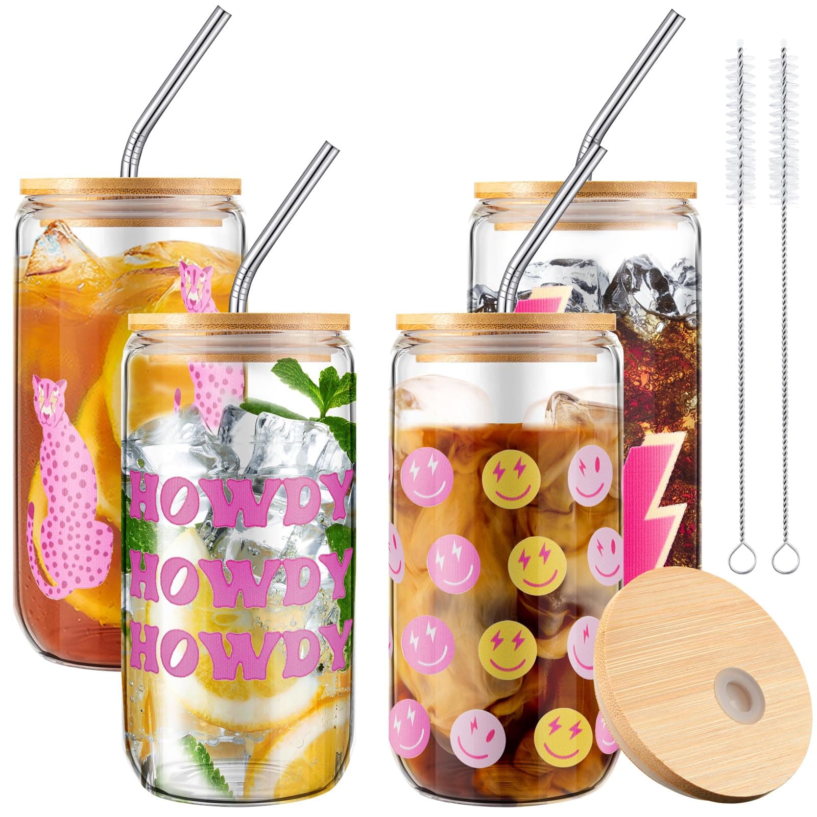 Preppy Glass Cups with Lids and Straws for Women - 16oz Pink Y2k Aesthetic
