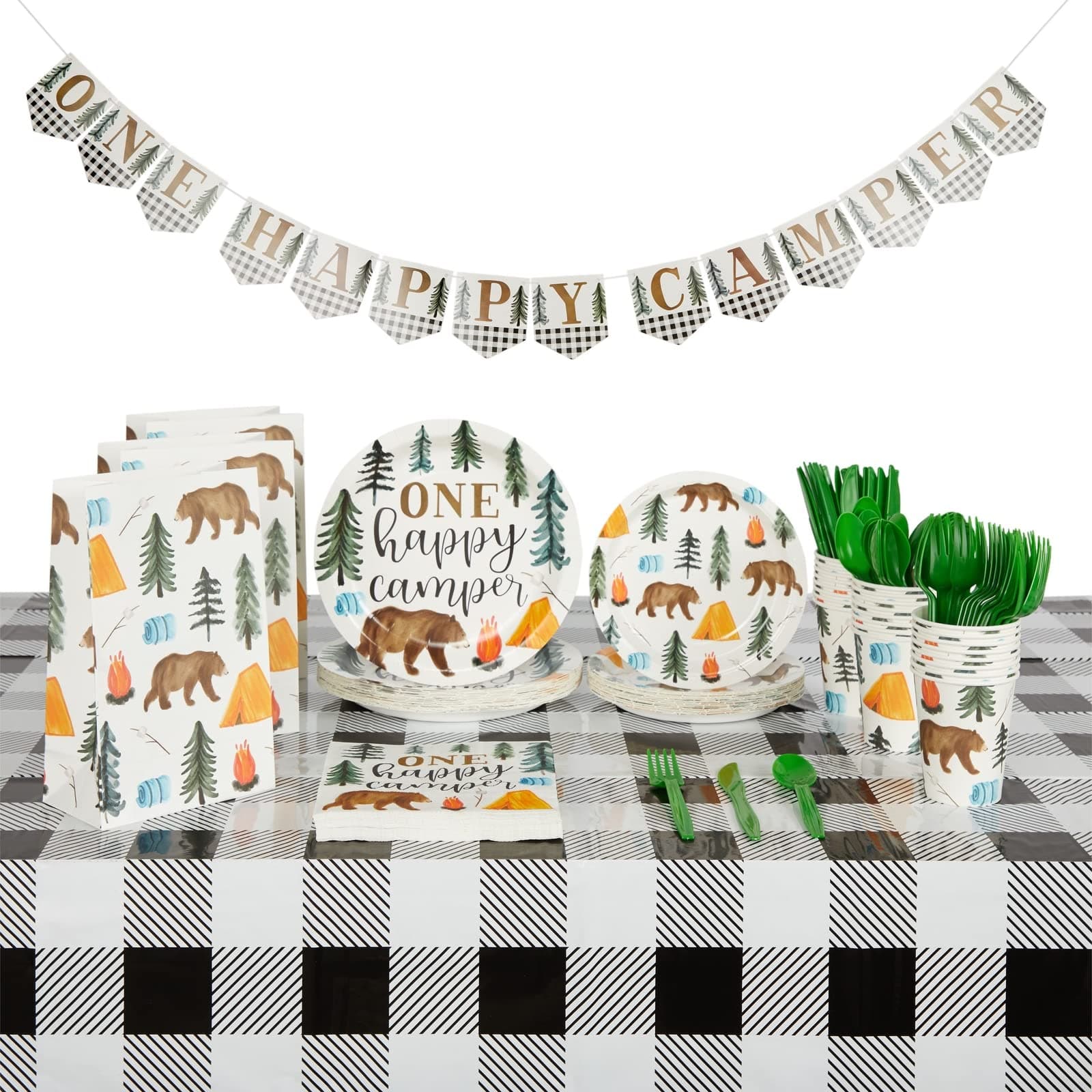 BLUE PANDA Camping-Themed Birthday Decor & Dinnerware for Kids (Serves 24)