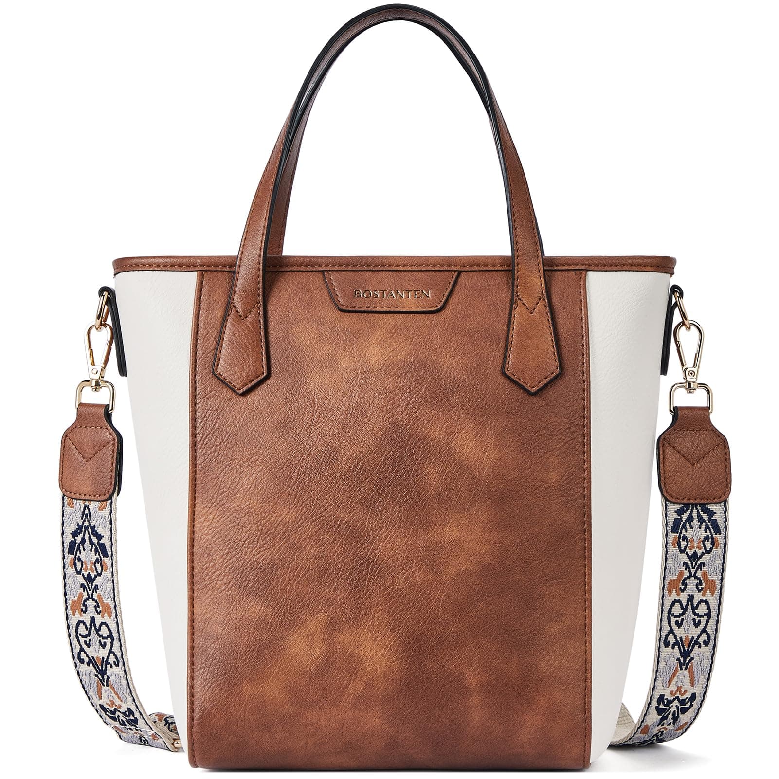 BOSTANTEN Vegan Leather Crossbody Tote for Women, Beige and Brown