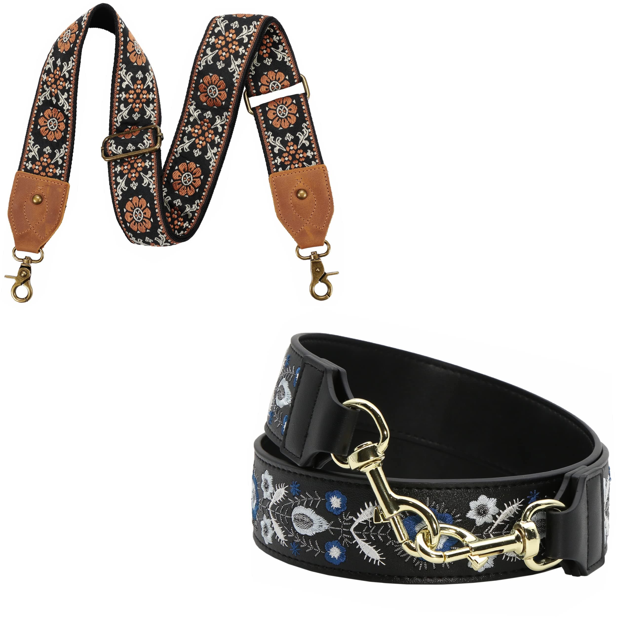 Embroidered Leather Crossbody Bag Strap with Retro Patterns