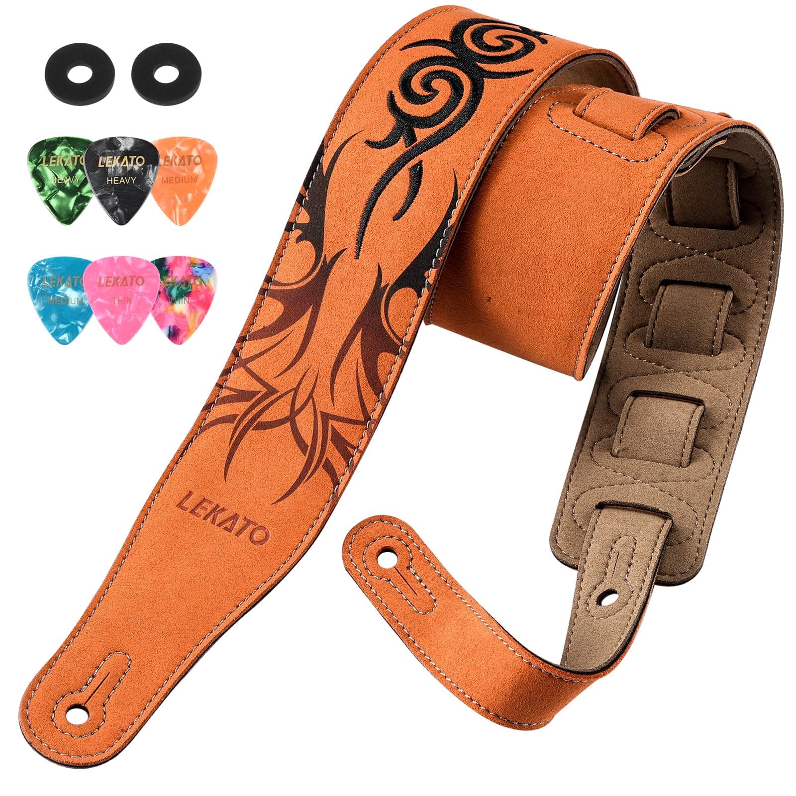 Lekato Jaffa Orange Suede Guitar Strap, Adjustable 35"-51"
