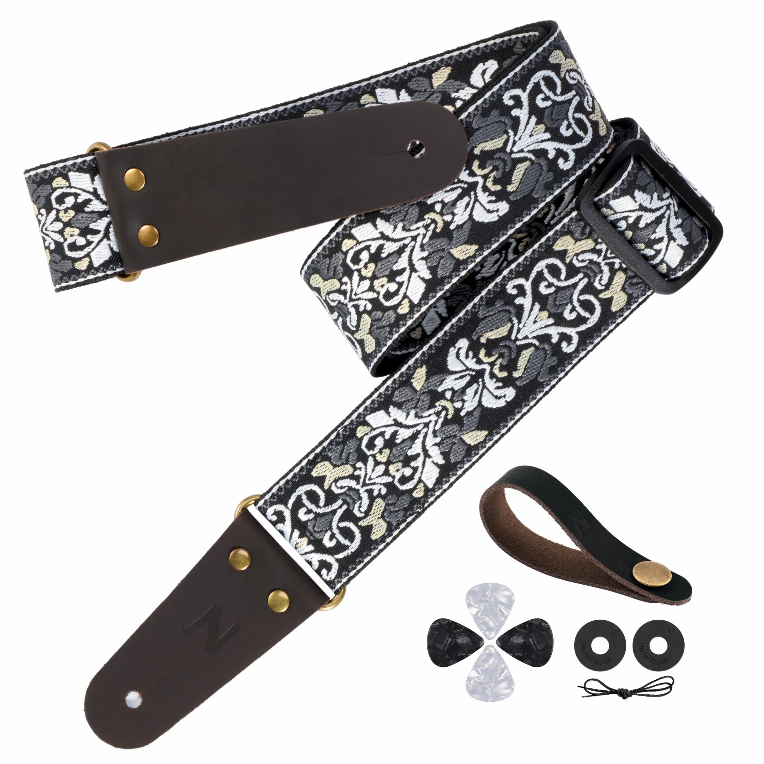 Embroidered Guitar Strap with Leather Ends & Pocket, for Bass & Electric Guitars