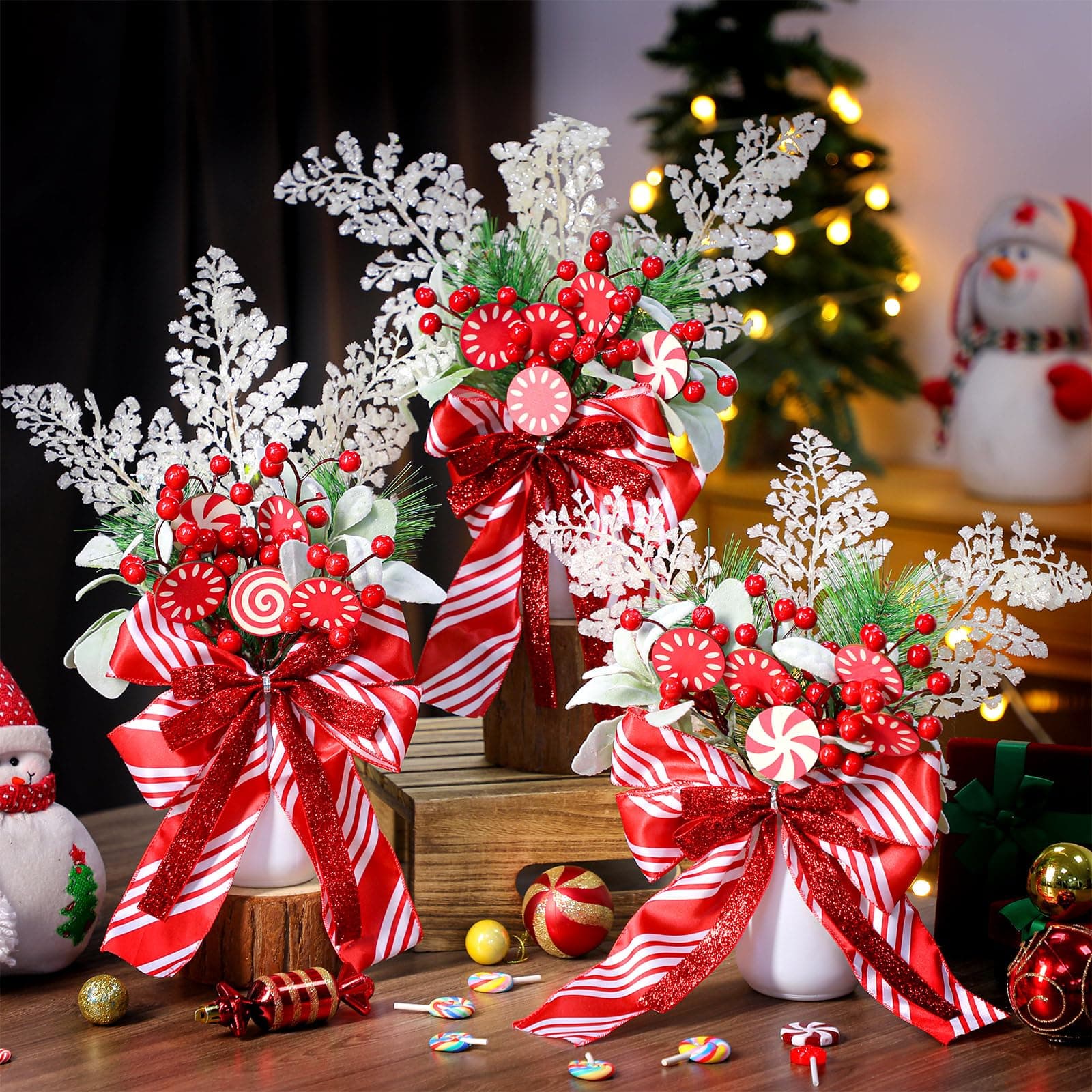 Christmas Mason Jars Decor Set with Peppermint Candy and Faux Plants for Holiday Table Centerpiece