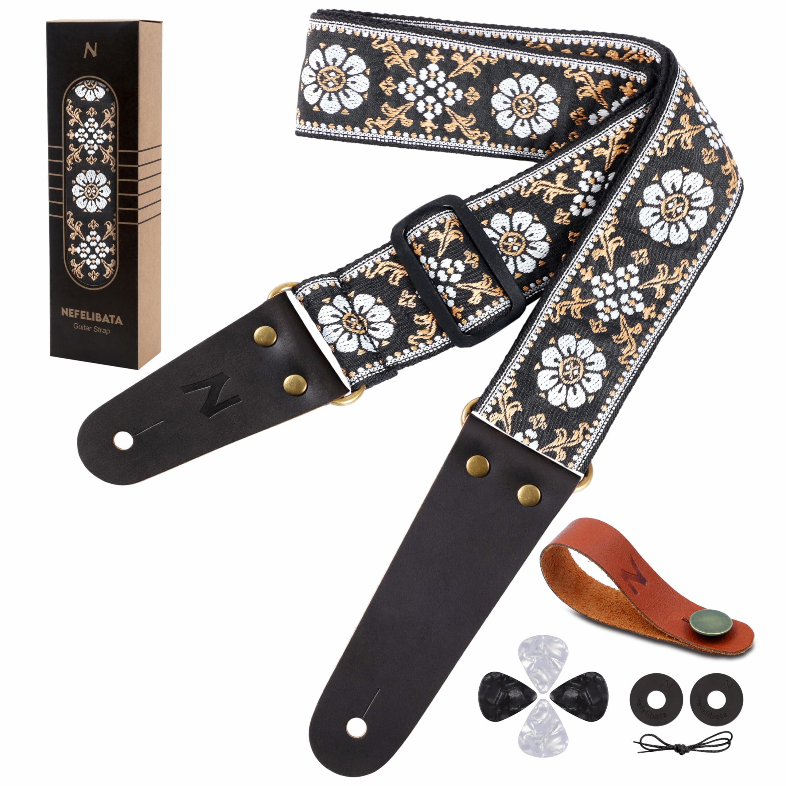 Vintage Embroidered Cotton Guitar Strap for Bass, Electric & Acoustic Guitar with Leather Ends and Accessories