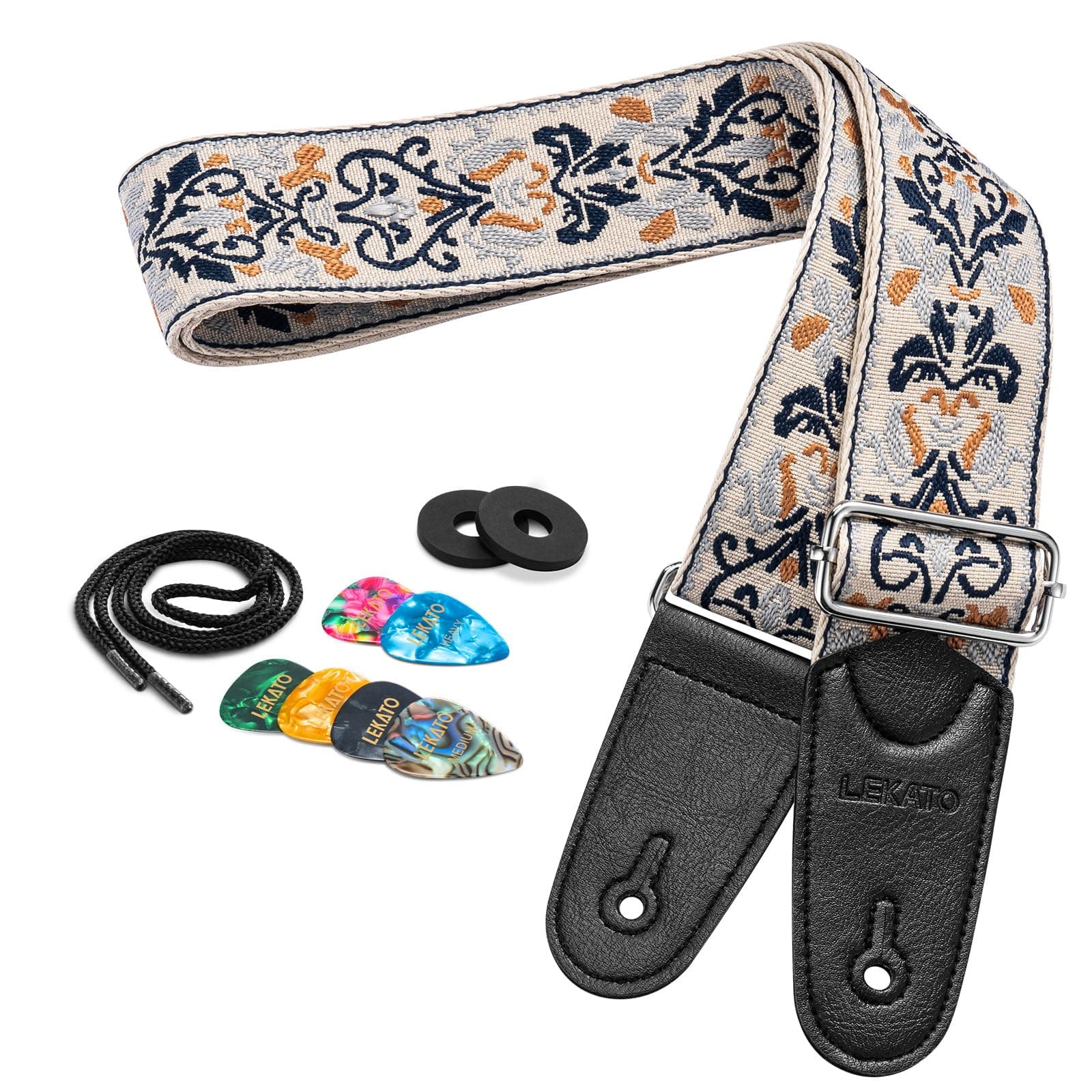 LEKATO Electric Bass Acoustic Guitar Floral Jacquard Embroidery 2" Wide Padded Guitar Straps with Picks & Blocks (Blue Flower White)
LEKATO Electric Bass Acoustic Guitar Floral Jacquard Embroidery 2" Wide Guitar Strap for Comfort and Style (Blue Flow