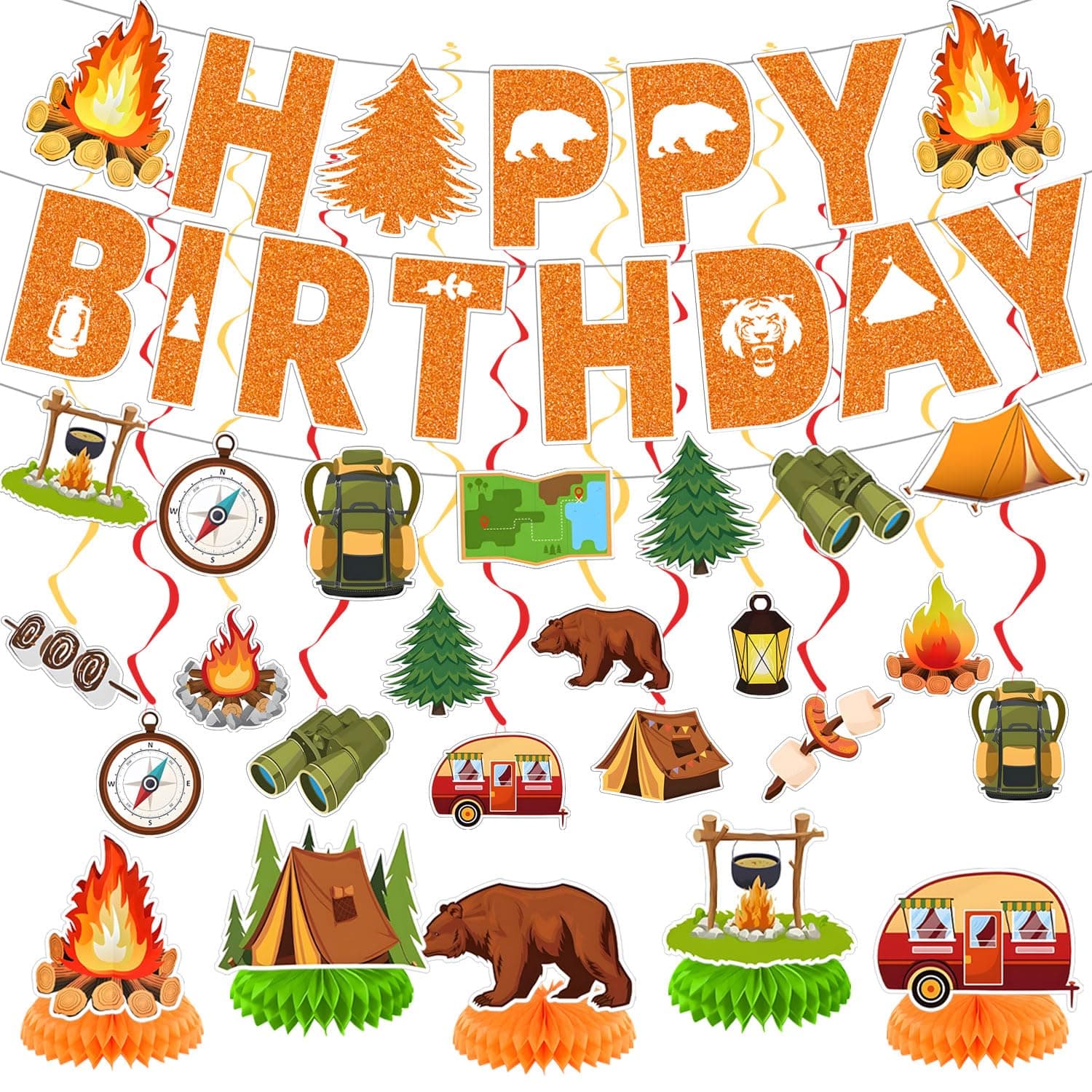 Happy Camper Birthday Party Decorations: Banner, Campfire Swirls, Honeycomb Centerpiece