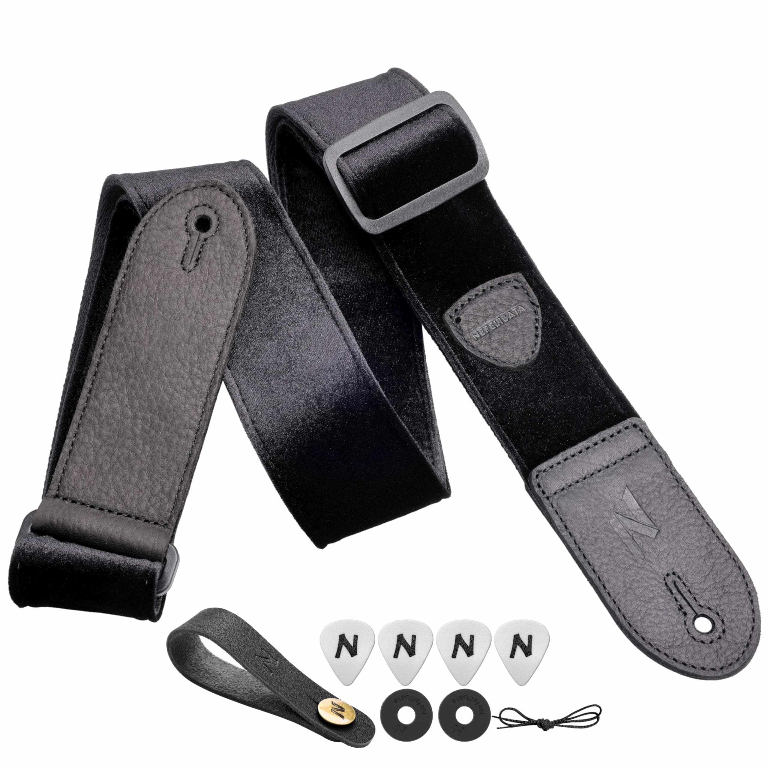 Vintage Mystic Black Guitar Strap Set: Includes 4 Picks, Strap Locks, and Strap Button - For Bass, Electric, and Acoustic Guitars