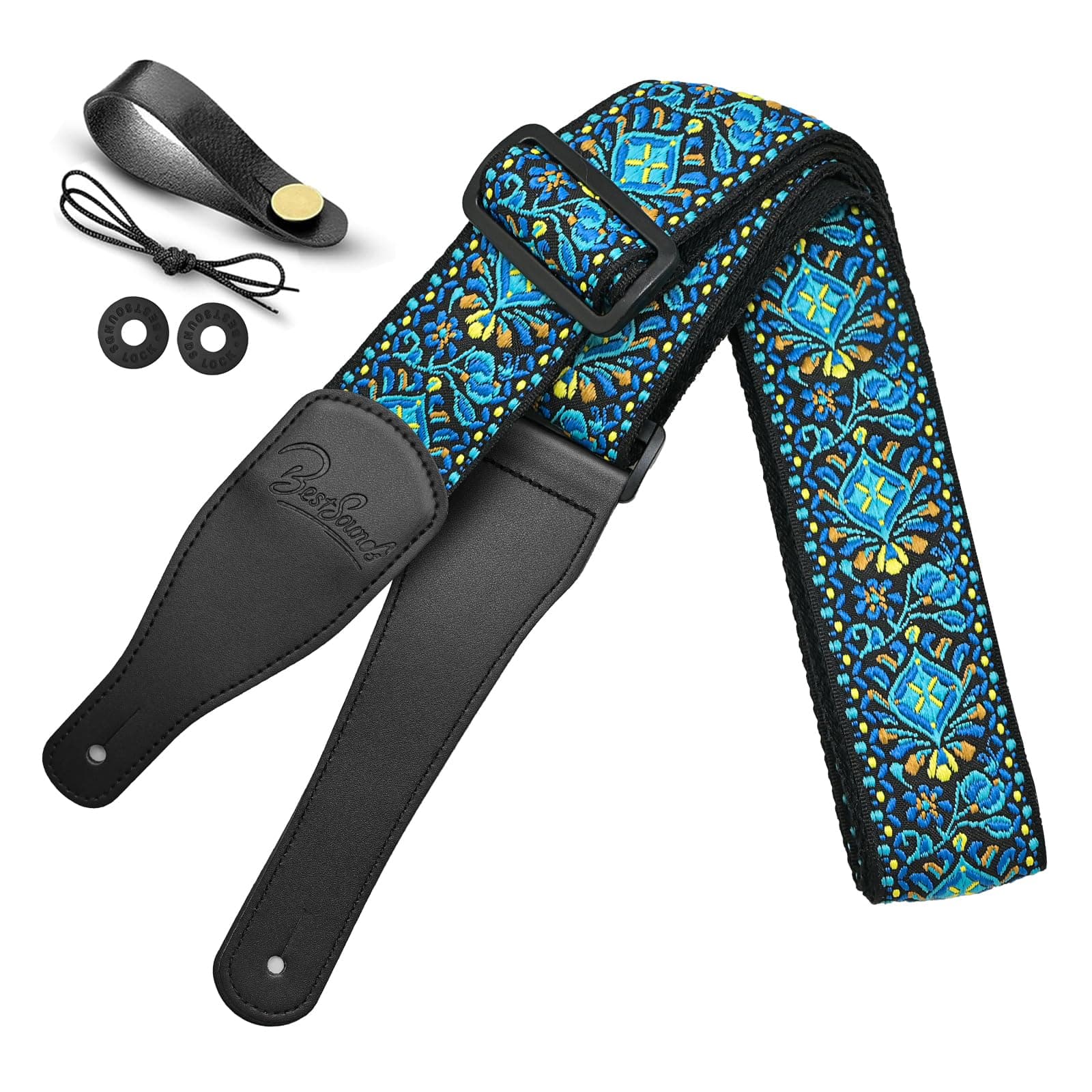 Jacquard Embroidered Cotton Guitar Strap with Leather Ends for Bass, Acoustic & Electric