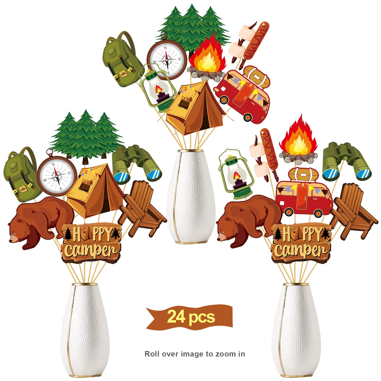 Camping Theme Party Centerpiece Sticks, 24pcs Birthday Adventure Decor